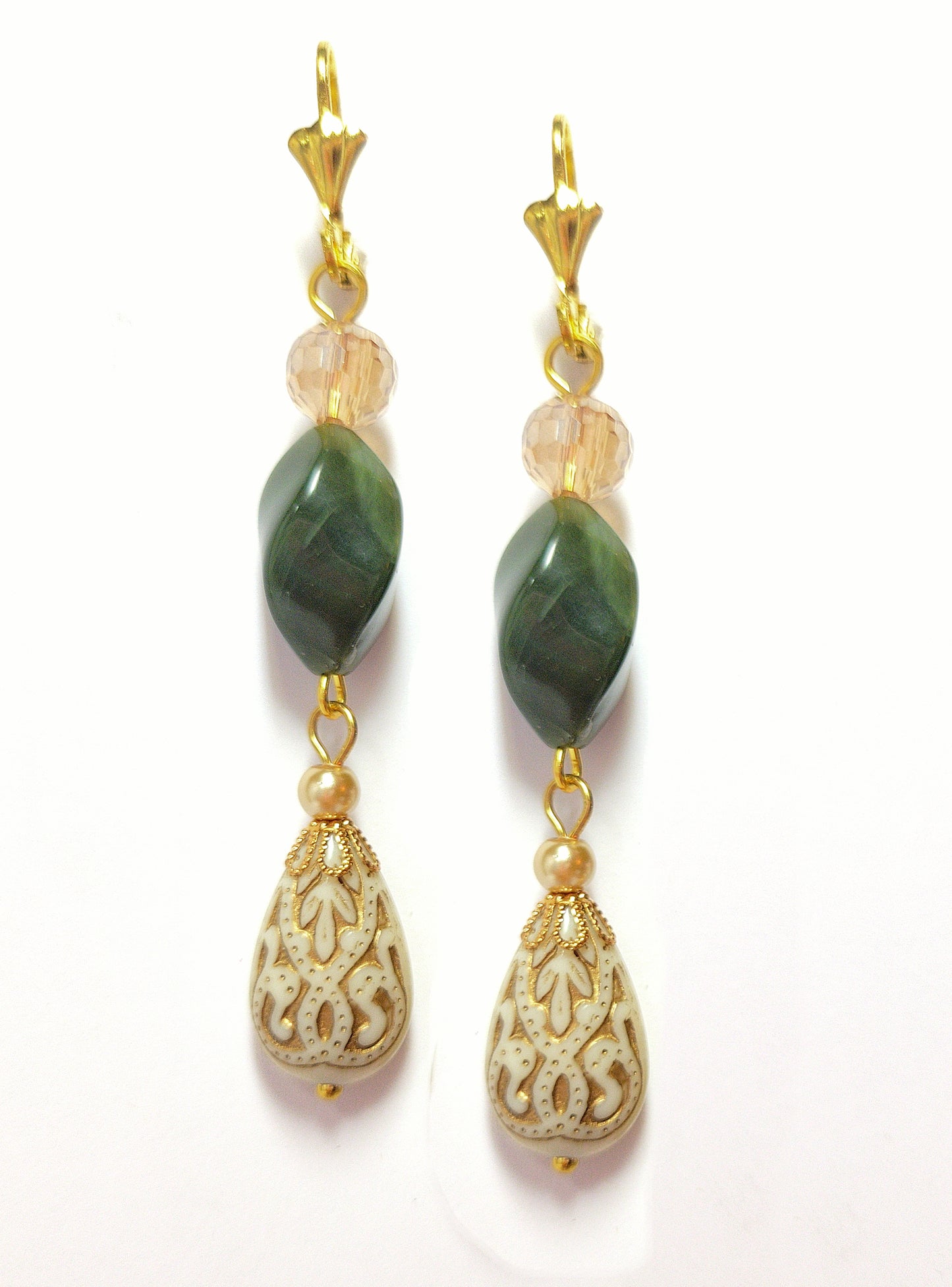 Gold Embossed Teardrop and Crystal Long Boho Dangle Earrings - Ivory and Emerald Green - Chic Brico