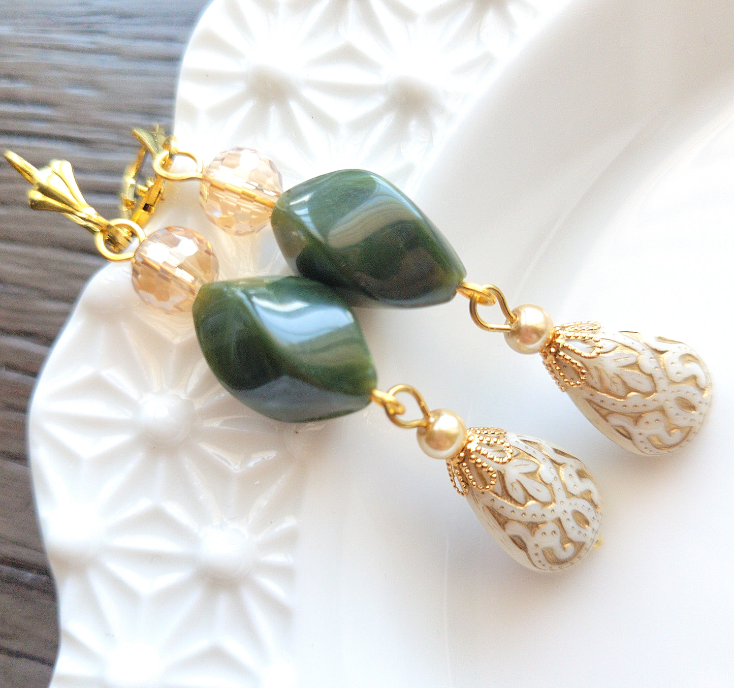 Gold Embossed Teardrop and Crystal Long Boho Dangle Earrings - Ivory and Emerald Green - Chic Brico