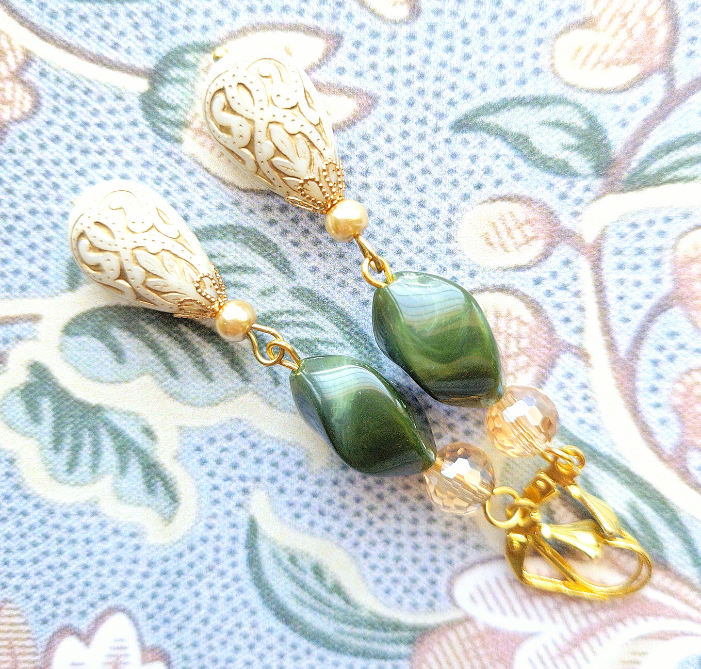 Gold Embossed Teardrop and Crystal Long Boho Dangle Earrings - Ivory and Emerald Green - Chic Brico