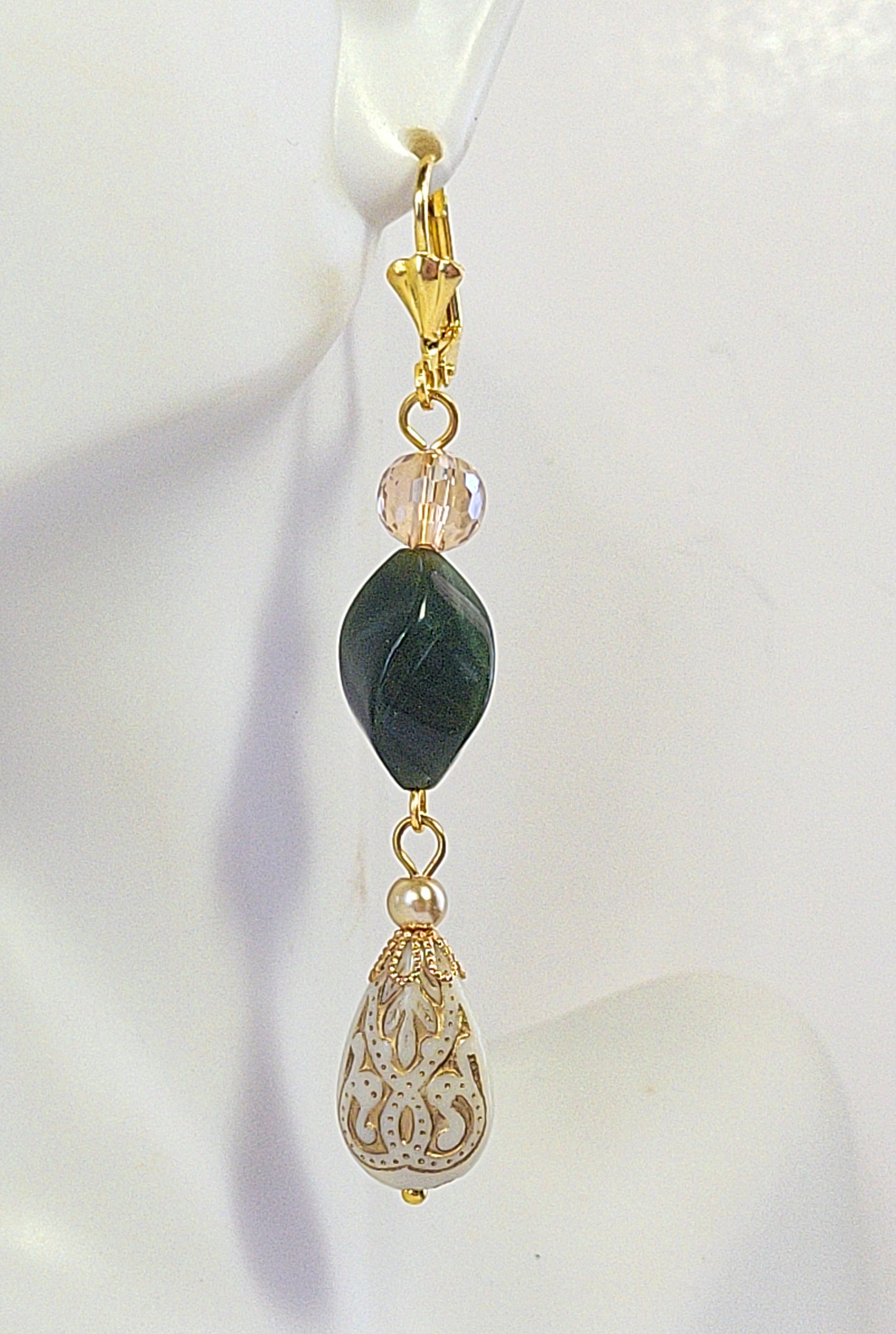 Gold Embossed Teardrop and Crystal Long Boho Dangle Earrings - Ivory and Emerald Green - Chic Brico