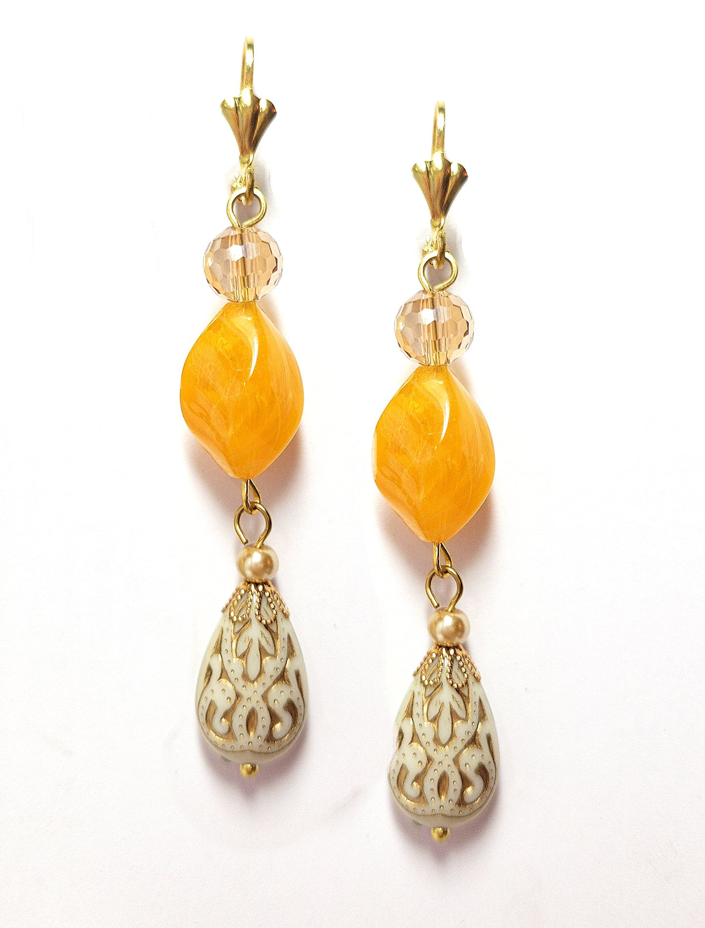 Gold Embossed Teardrop and Crystal Long Boho Dangle Earrings - Ivory and Golden Amber - Chic Brico