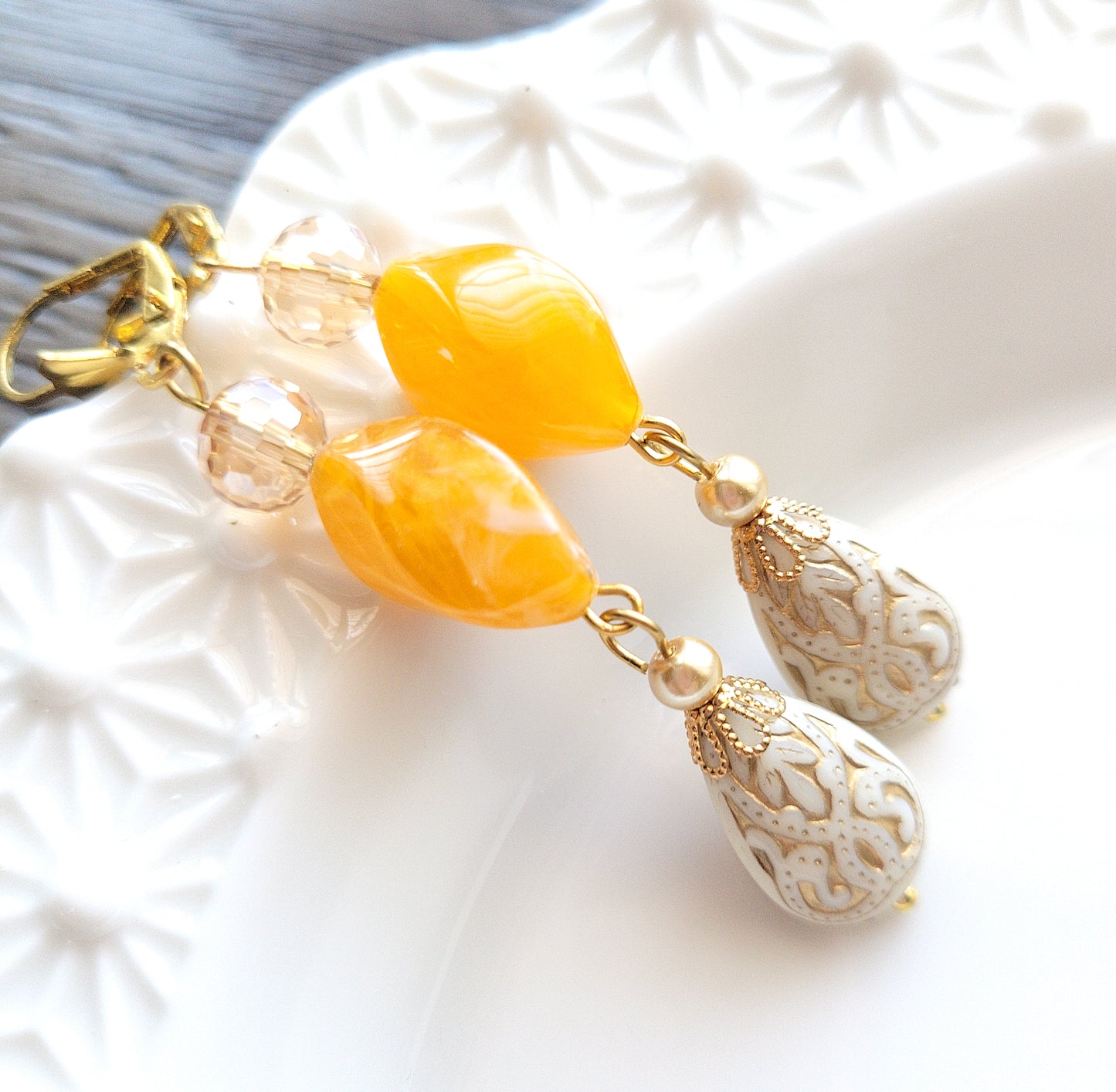 Gold Embossed Teardrop and Crystal Long Boho Dangle Earrings - Ivory and Golden Amber - Chic Brico