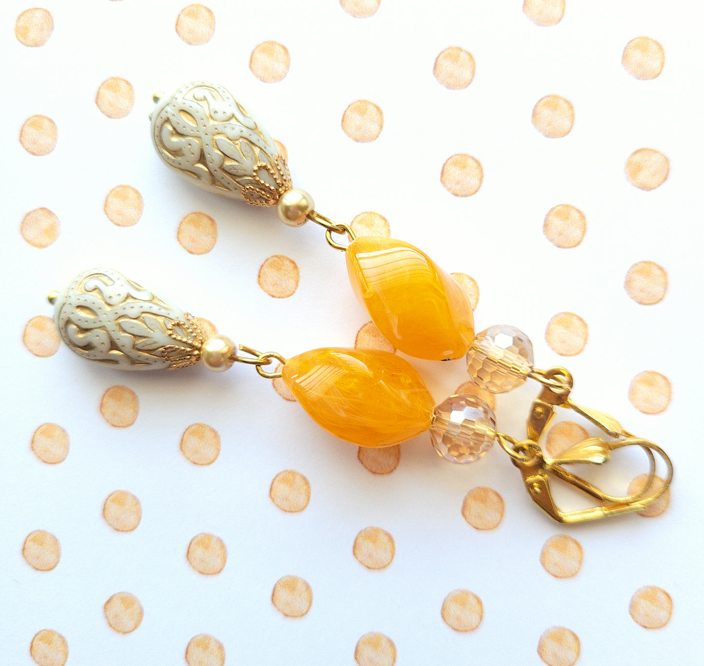 Gold Embossed Teardrop and Crystal Long Boho Dangle Earrings - Ivory and Golden Amber - Chic Brico