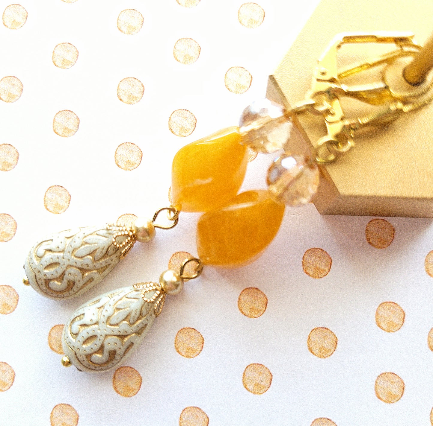 Gold Embossed Teardrop and Crystal Long Boho Dangle Earrings - Ivory and Golden Amber - Chic Brico