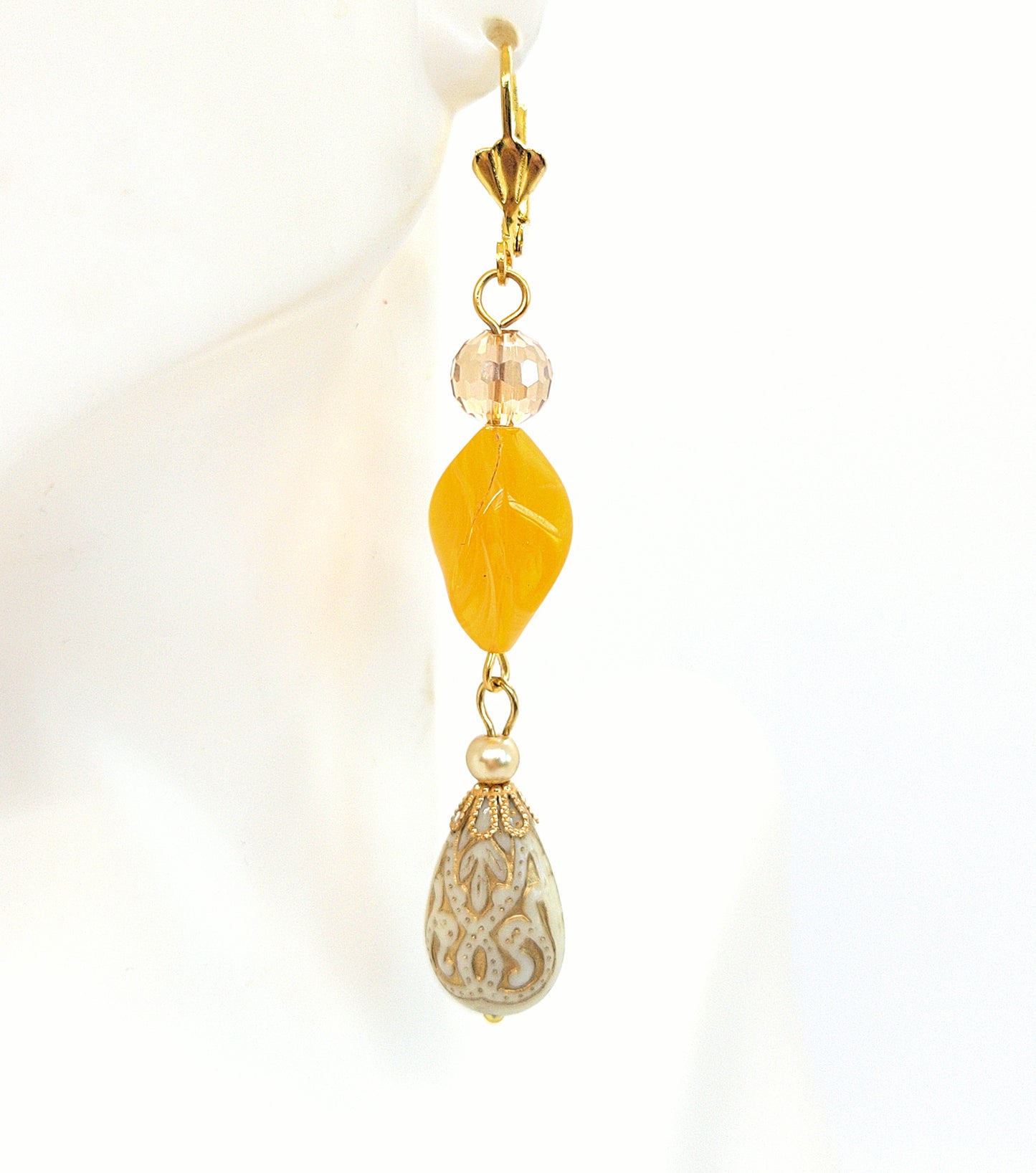 Gold Embossed Teardrop and Crystal Long Boho Dangle Earrings - Ivory and Golden Amber - Chic Brico