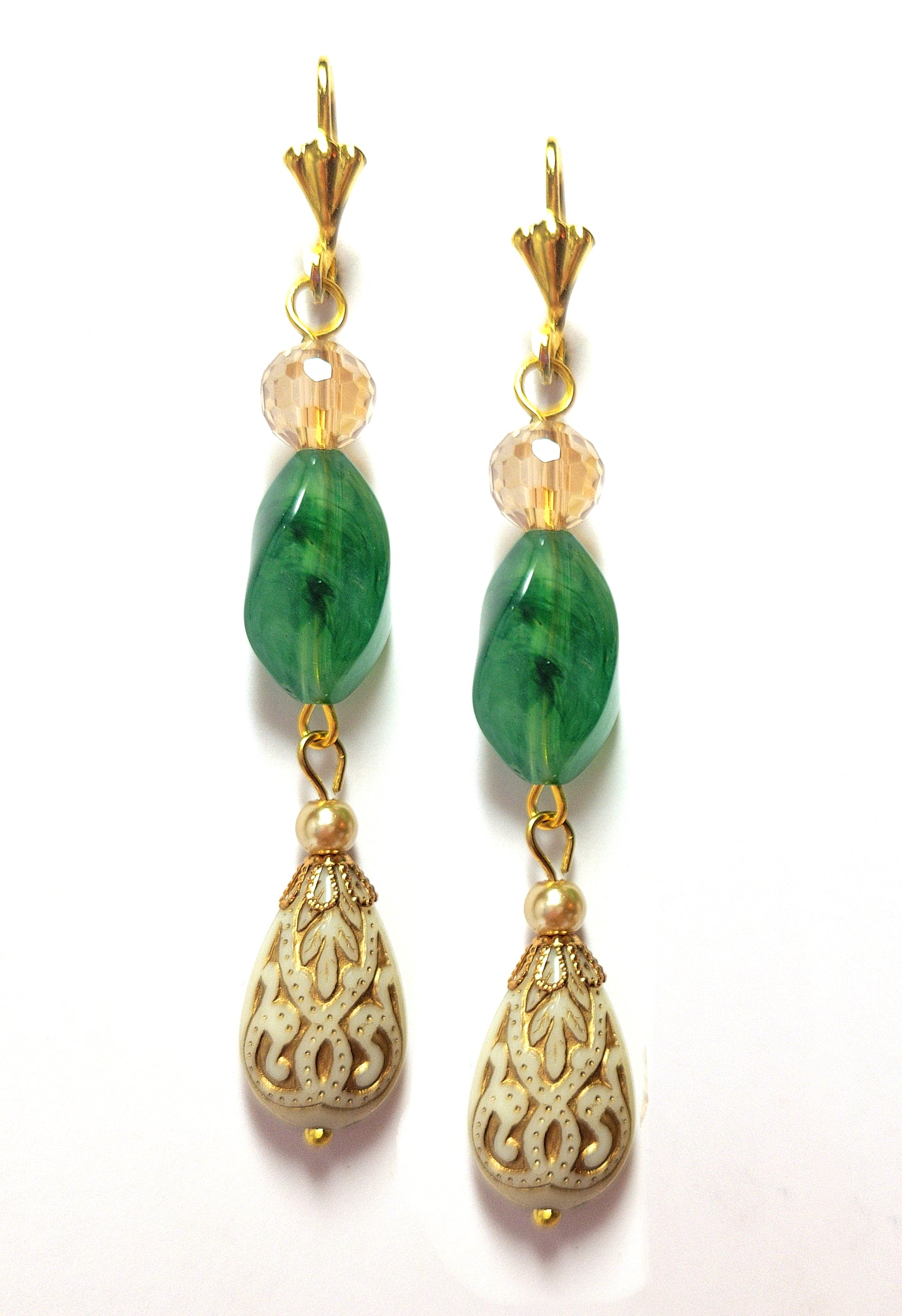 Gold Embossed Teardrop and Crystal Long Boho Dangle Earrings - Ivory and Light Green - Chic Brico