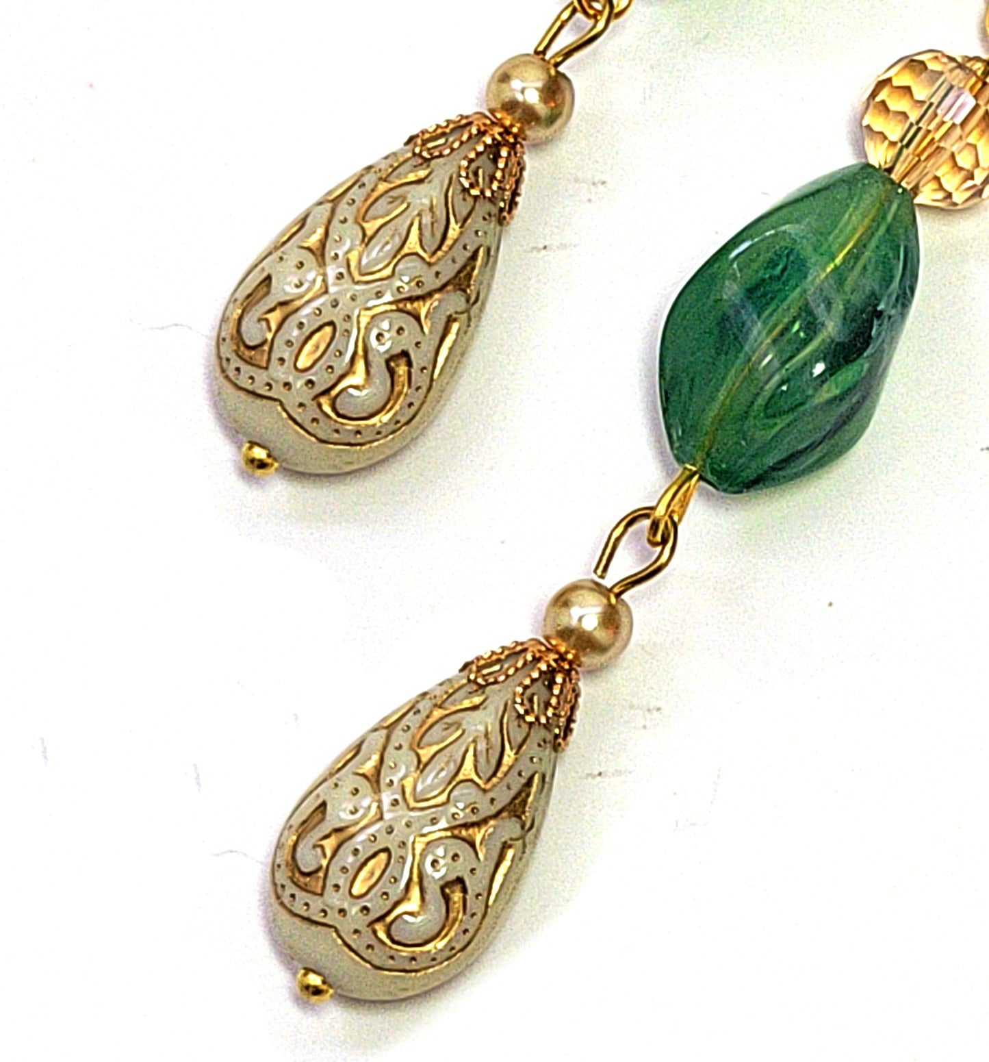 Gold Embossed Teardrop and Crystal Long Boho Dangle Earrings - Ivory and Light Green - Chic Brico