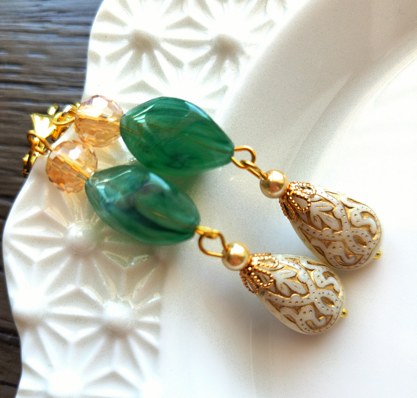 Gold Embossed Teardrop and Crystal Long Boho Dangle Earrings - Ivory and Light Green - Chic Brico