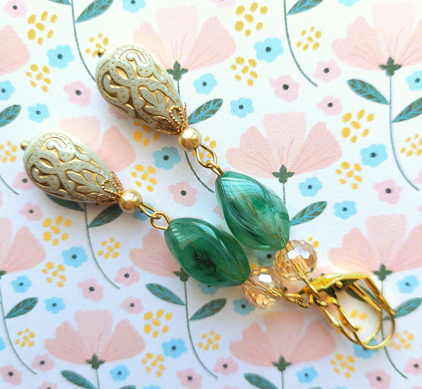 Gold Embossed Teardrop and Crystal Long Boho Dangle Earrings - Ivory and Light Green - Chic Brico