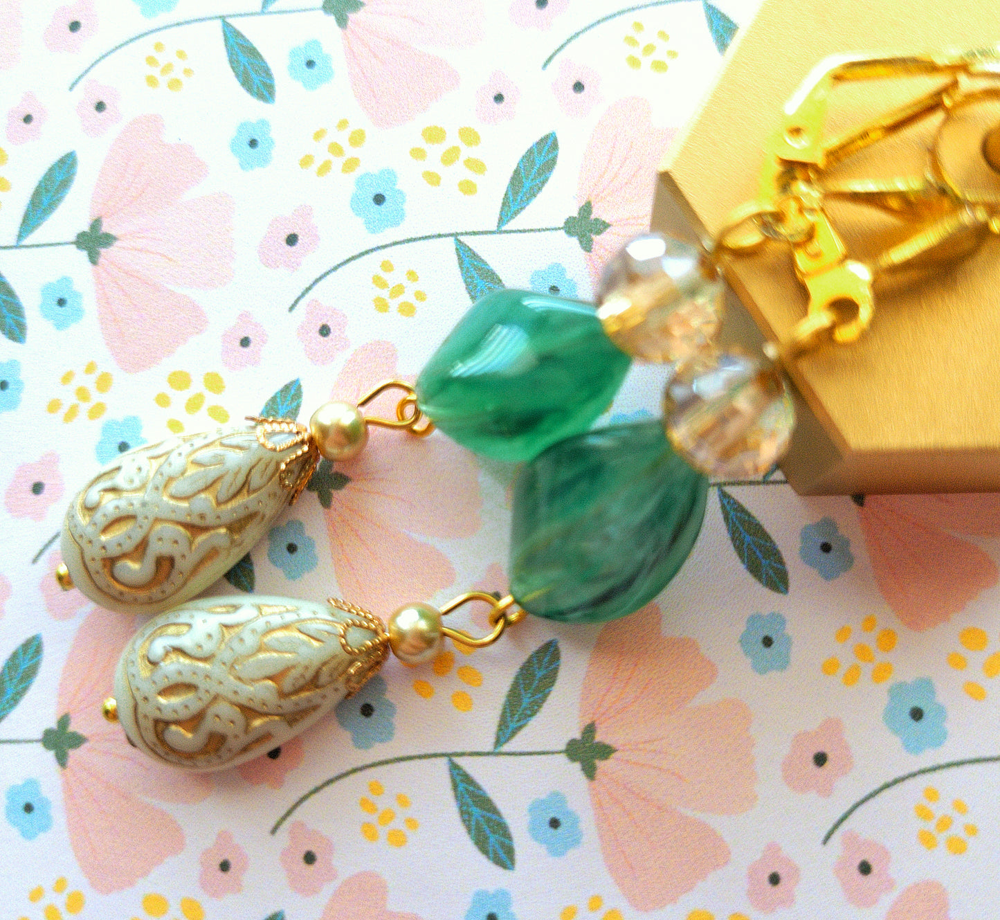 Gold Embossed Teardrop and Crystal Long Boho Dangle Earrings - Ivory and Light Green - Chic Brico