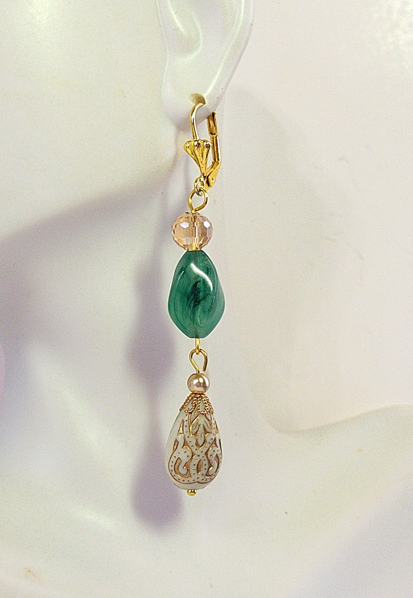 Gold Embossed Teardrop and Crystal Long Boho Dangle Earrings - Ivory and Light Green - Chic Brico