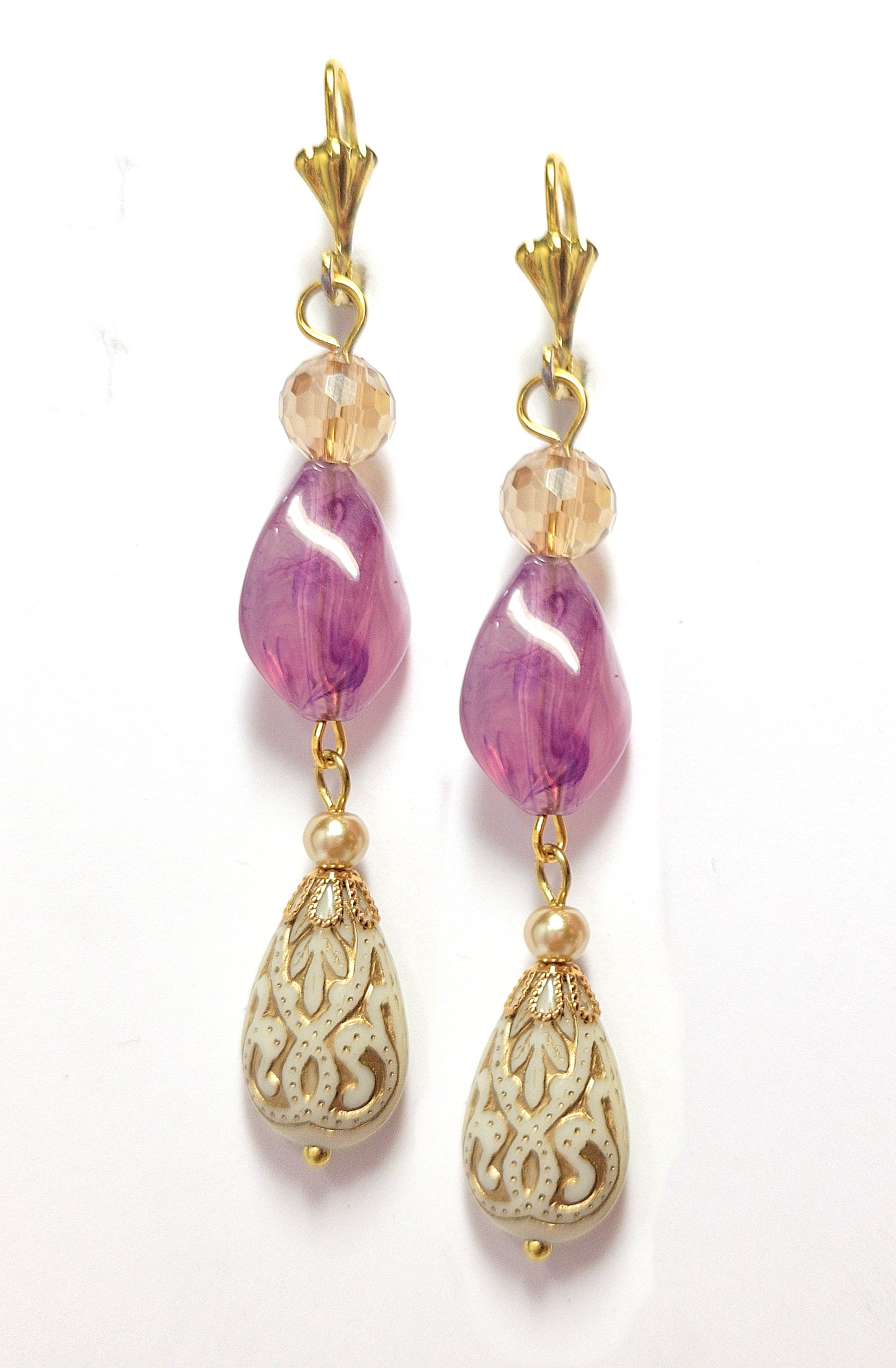 Gold Embossed Teardrop and Crystal Long Boho Dangle Earrings - Ivory and Lilac Purple - Chic Brico