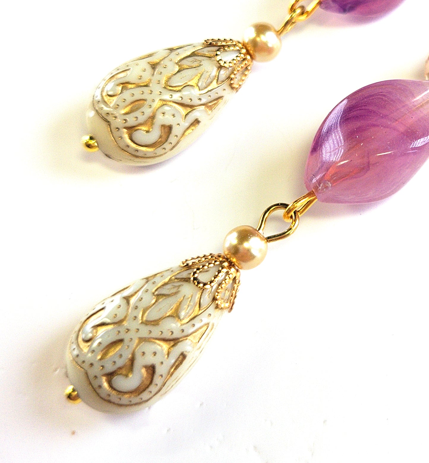 Gold Embossed Teardrop and Crystal Long Boho Dangle Earrings - Ivory and Lilac Purple - Chic Brico