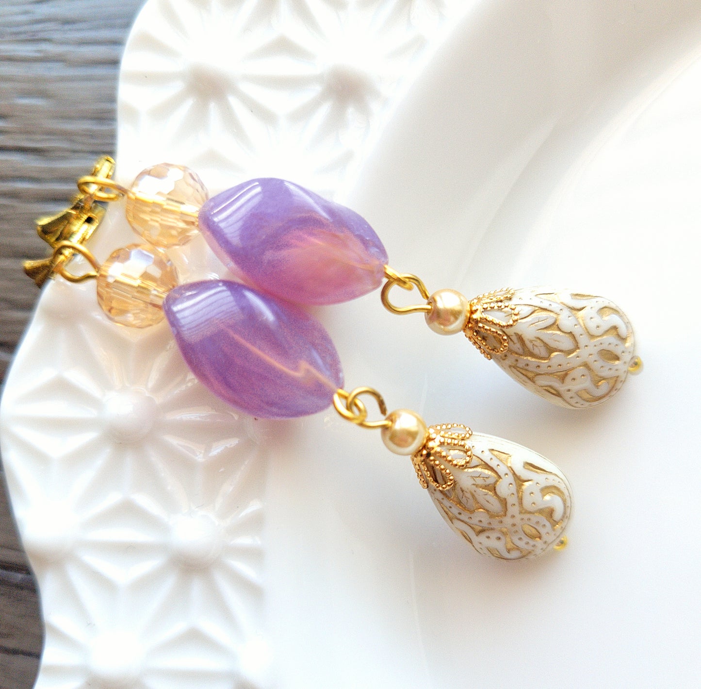 Gold Embossed Teardrop and Crystal Long Boho Dangle Earrings - Ivory and Lilac Purple - Chic Brico
