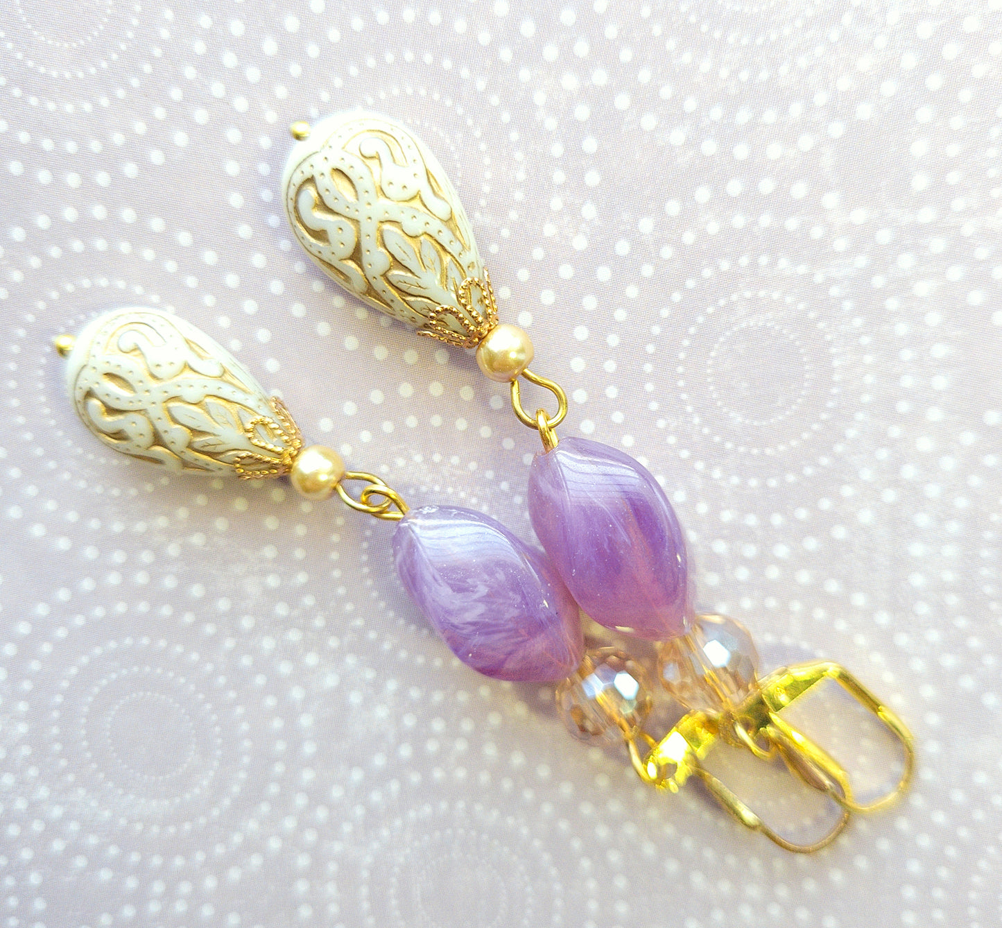 Gold Embossed Teardrop and Crystal Long Boho Dangle Earrings - Ivory and Lilac Purple - Chic Brico