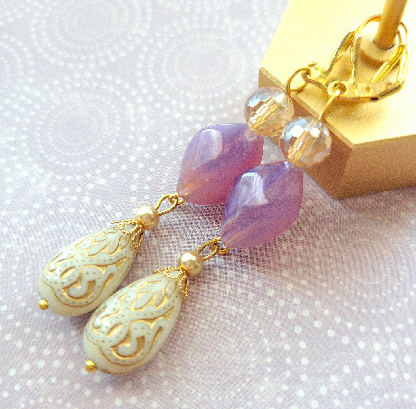 Gold Embossed Teardrop and Crystal Long Boho Dangle Earrings - Ivory and Lilac Purple - Chic Brico