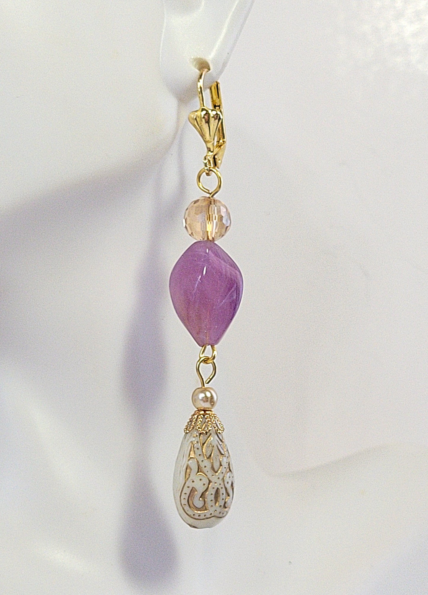 Gold Embossed Teardrop and Crystal Long Boho Dangle Earrings - Ivory and Lilac Purple - Chic Brico