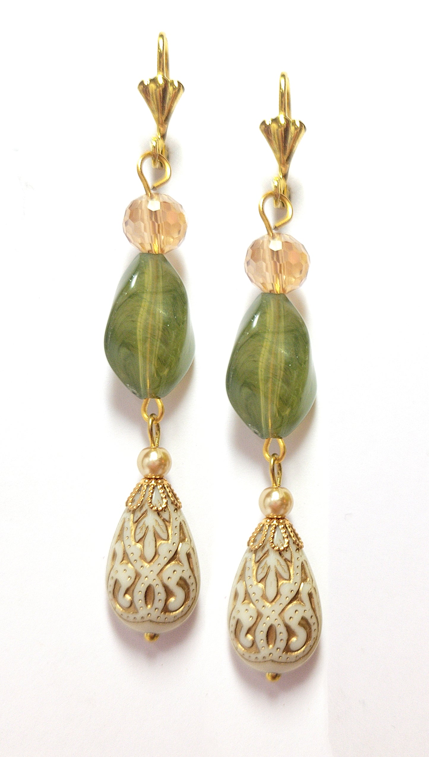 Gold Embossed Teardrop and Crystal Long Boho Dangle Earrings - Ivory and Olive Green - Chic Brico