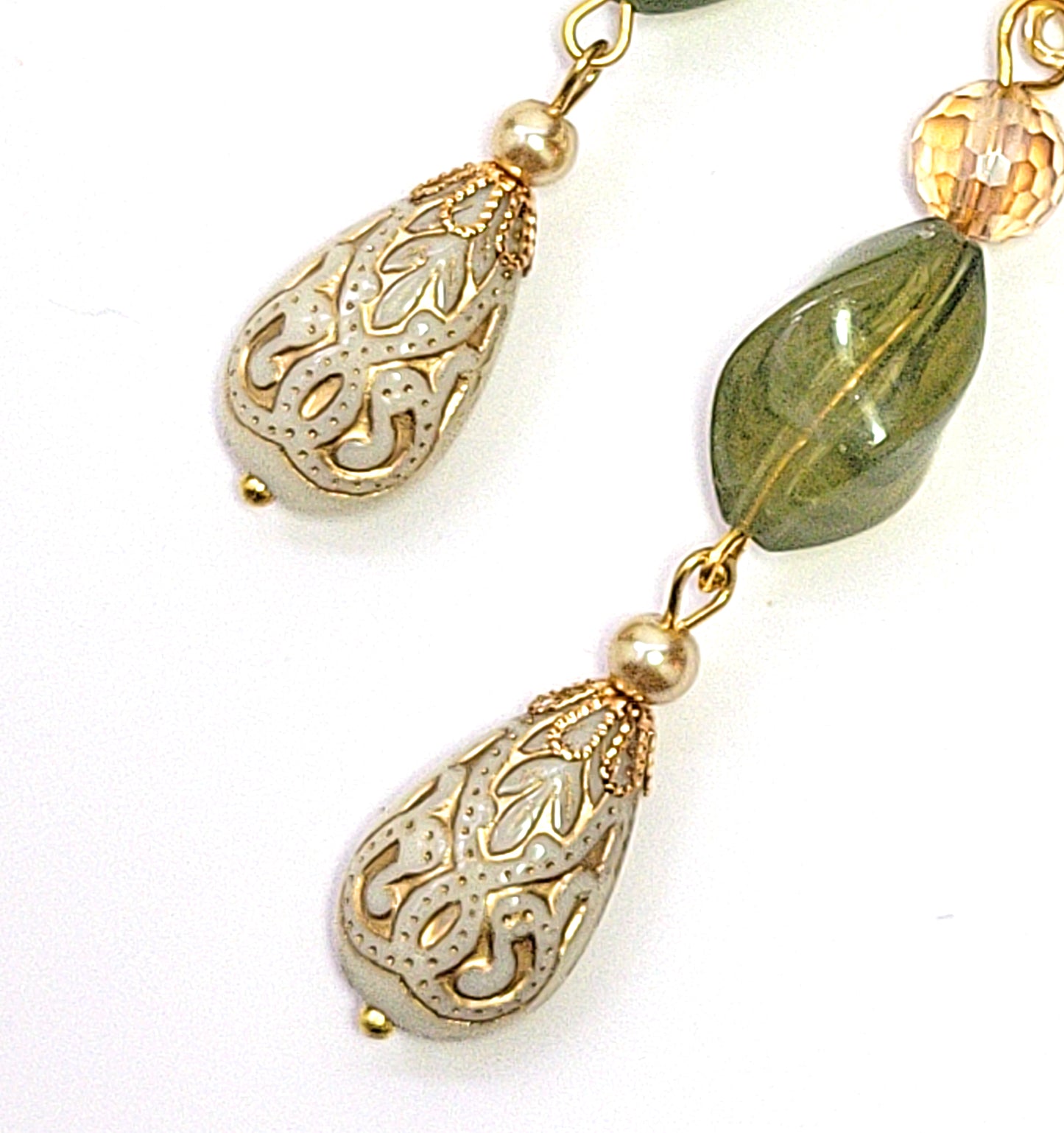Gold Embossed Teardrop and Crystal Long Boho Dangle Earrings - Ivory and Olive Green - Chic Brico