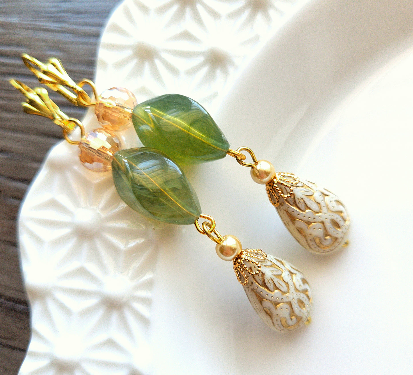 Gold Embossed Teardrop and Crystal Long Boho Dangle Earrings - Ivory and Olive Green - Chic Brico