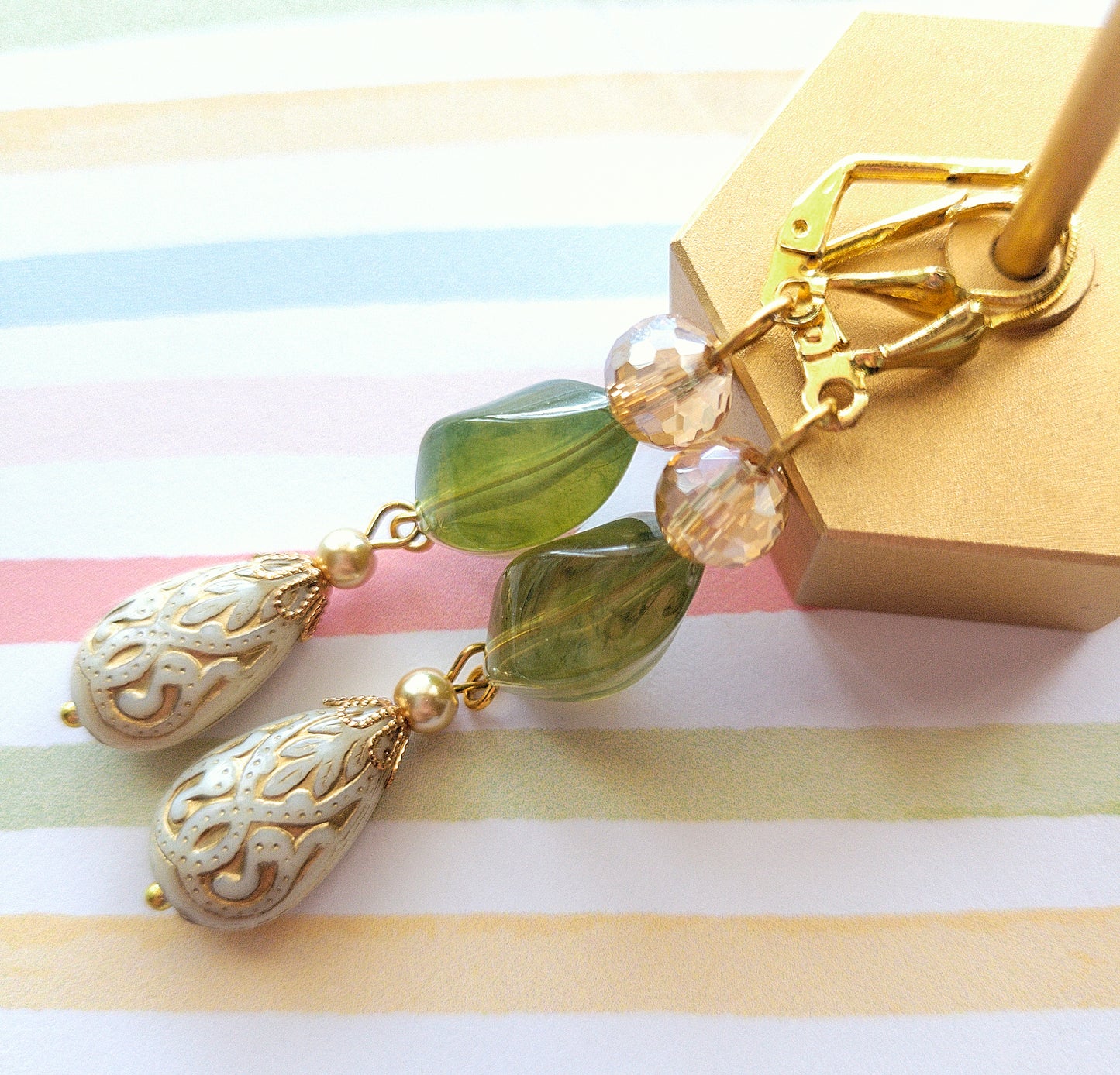 Gold Embossed Teardrop and Crystal Long Boho Dangle Earrings - Ivory and Olive Green - Chic Brico