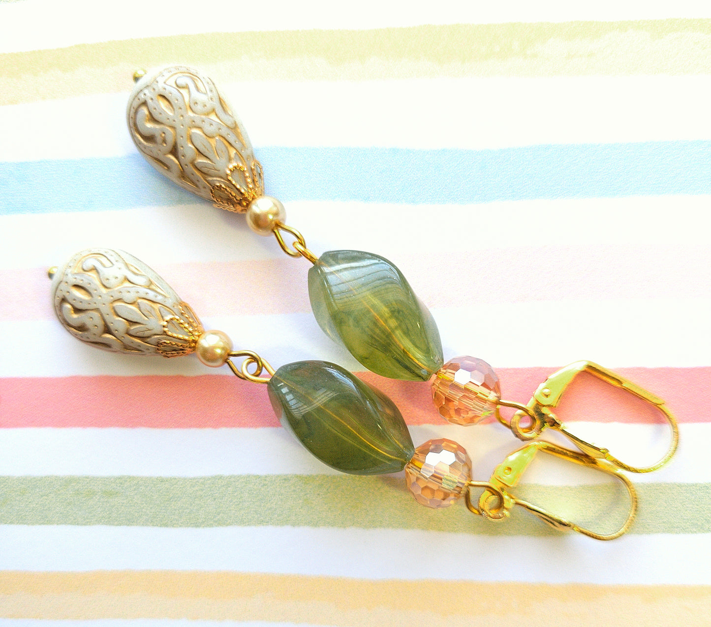 Gold Embossed Teardrop and Crystal Long Boho Dangle Earrings - Ivory and Olive Green - Chic Brico