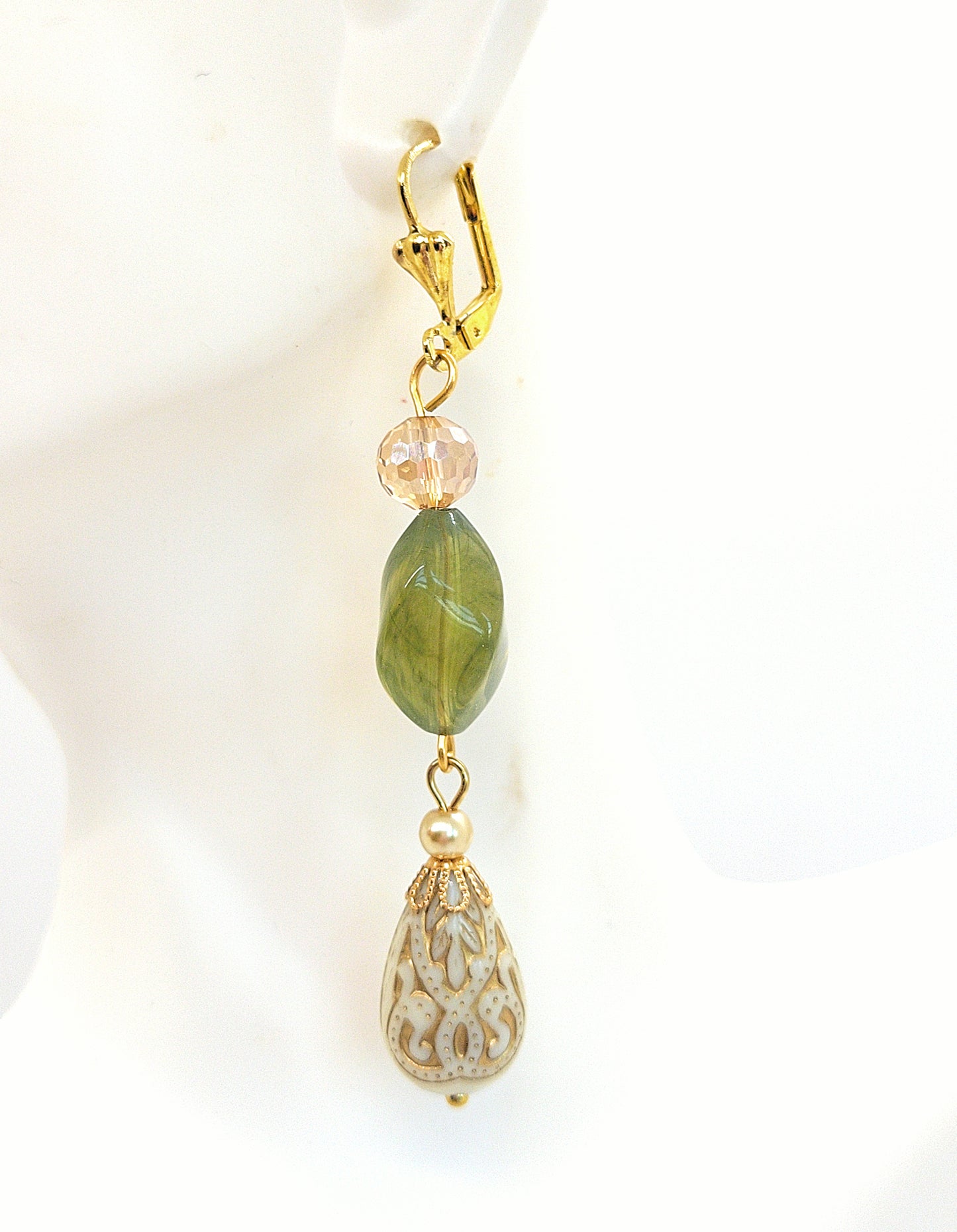 Gold Embossed Teardrop and Crystal Long Boho Dangle Earrings - Ivory and Olive Green - Chic Brico