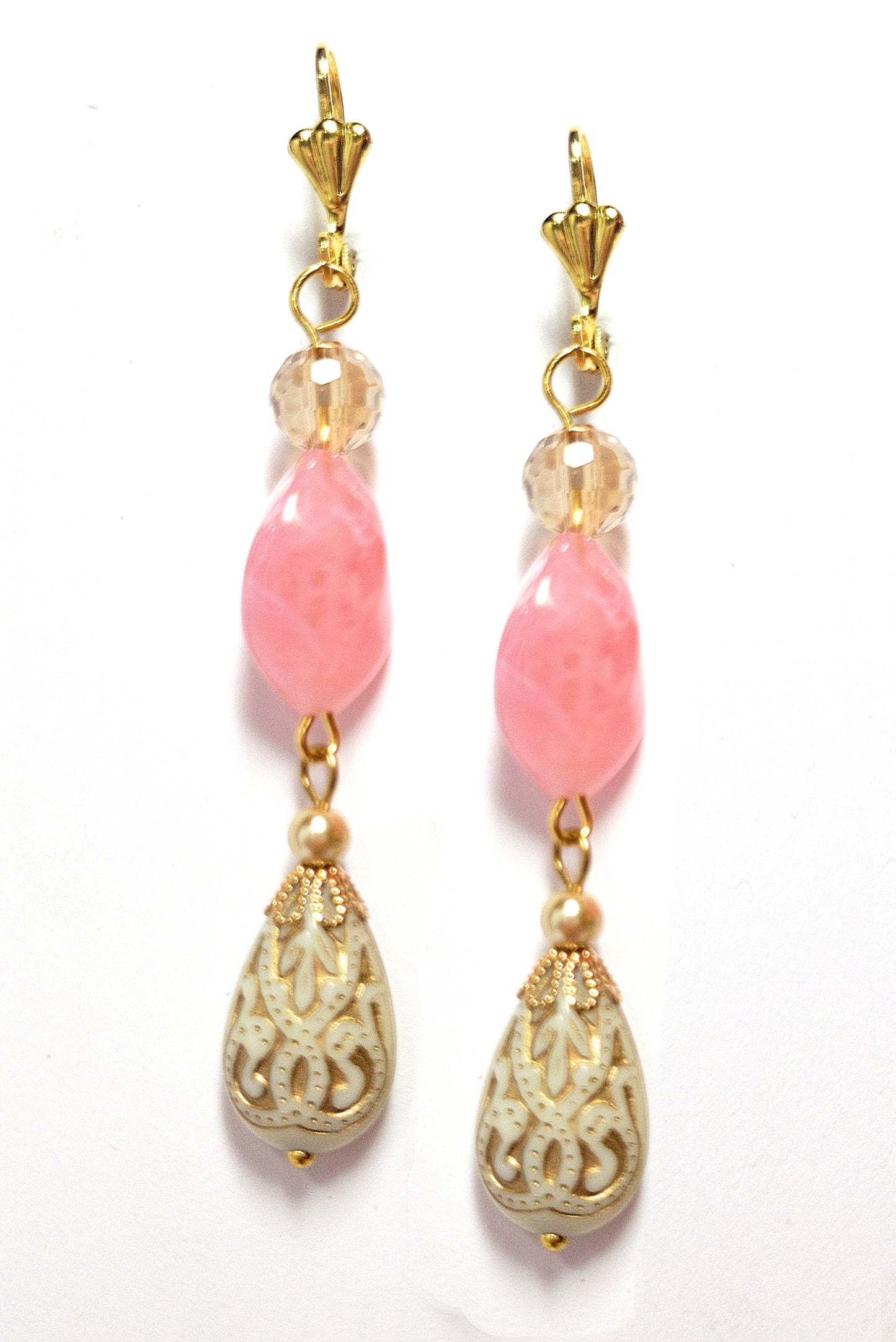 Gold Embossed Teardrop and Crystal Long Boho Dangle Earrings - Ivory and Rosy Pink - Chic Brico