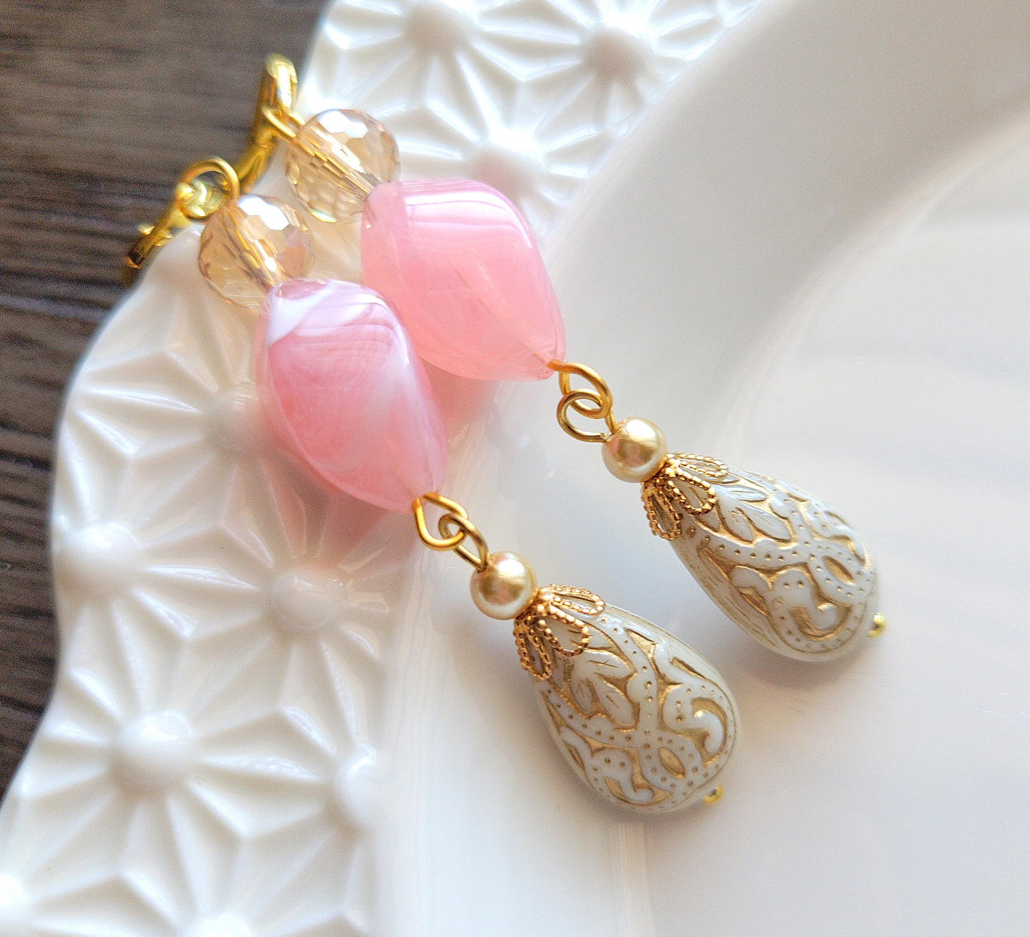 Gold Embossed Teardrop and Crystal Long Boho Dangle Earrings - Ivory and Rosy Pink - Chic Brico