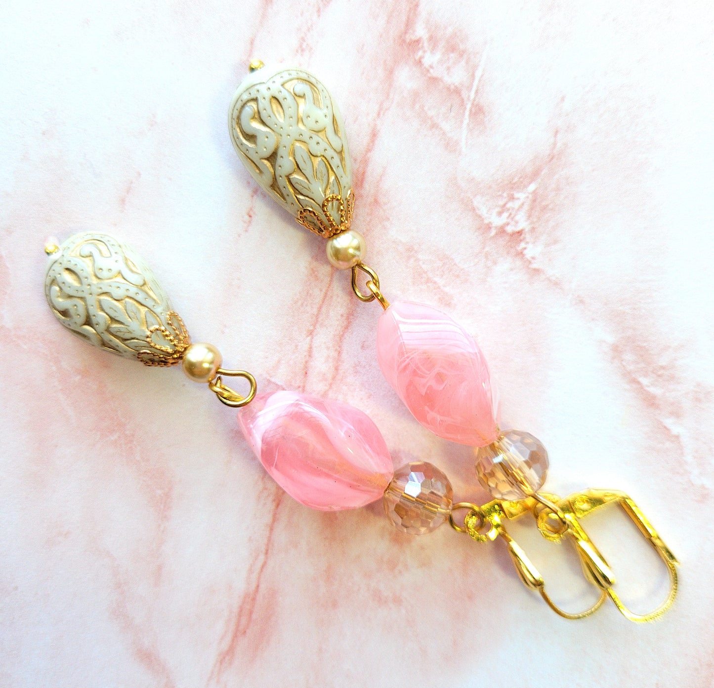 Gold Embossed Teardrop and Crystal Long Boho Dangle Earrings - Ivory and Rosy Pink - Chic Brico