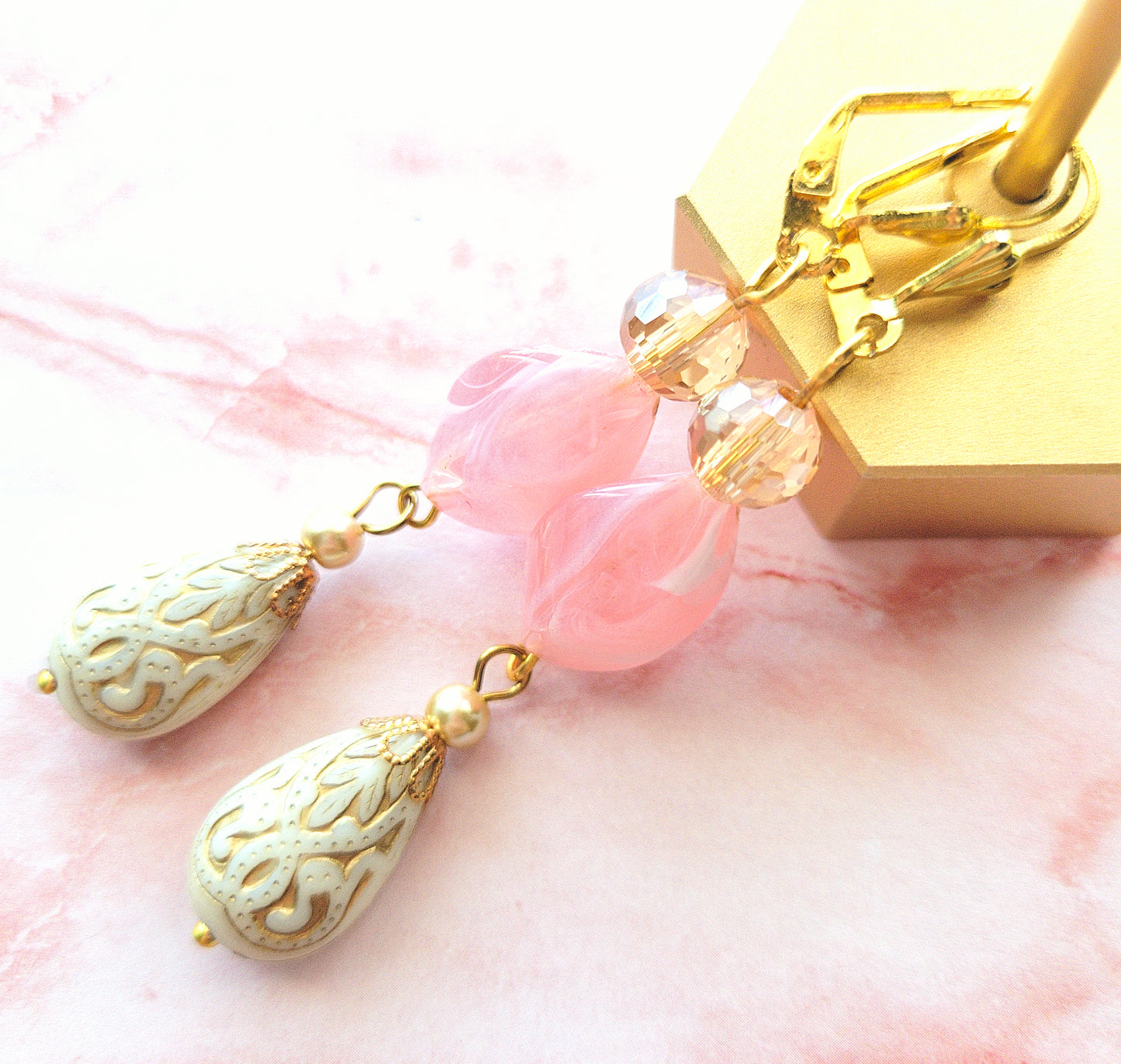 Gold Embossed Teardrop and Crystal Long Boho Dangle Earrings - Ivory and Rosy Pink - Chic Brico