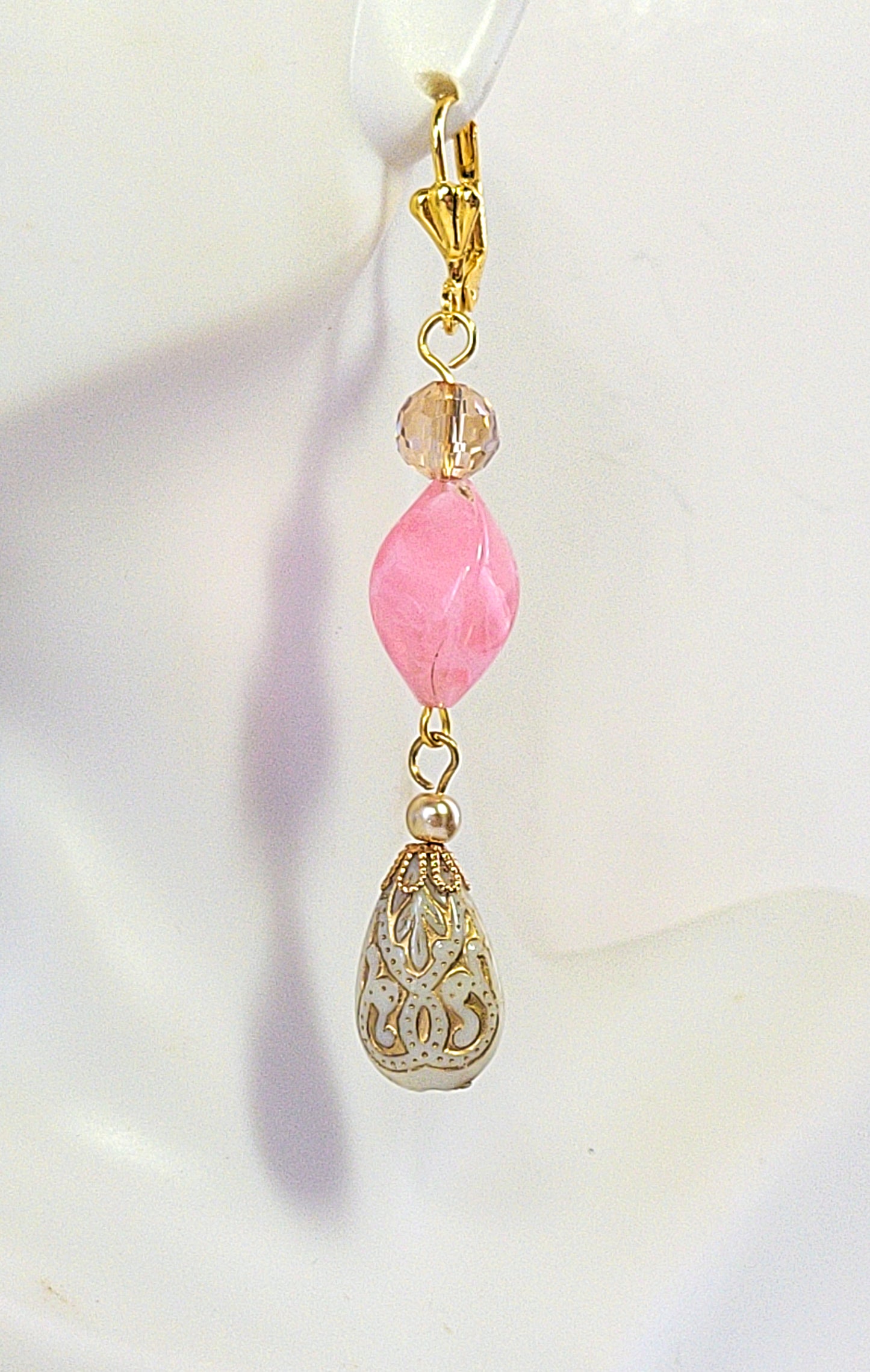 Gold Embossed Teardrop and Crystal Long Boho Dangle Earrings - Ivory and Rosy Pink - Chic Brico