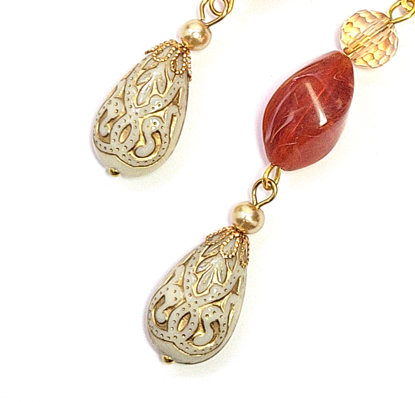 Gold Embossed Teardrop and Crystal Long Boho Dangle Earrings - Ivory and Rust Red - Chic Brico