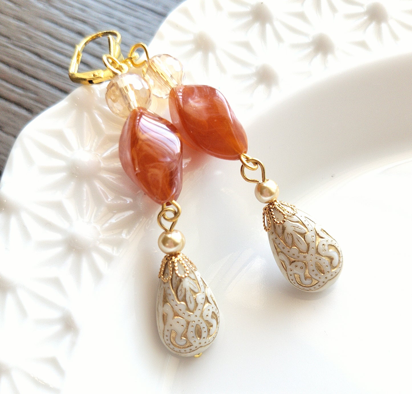 Gold Embossed Teardrop and Crystal Long Boho Dangle Earrings - Ivory and Rust Red - Chic Brico