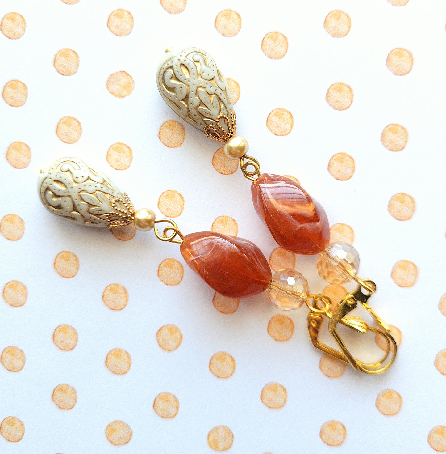 Gold Embossed Teardrop and Crystal Long Boho Dangle Earrings - Ivory and Rust Red - Chic Brico