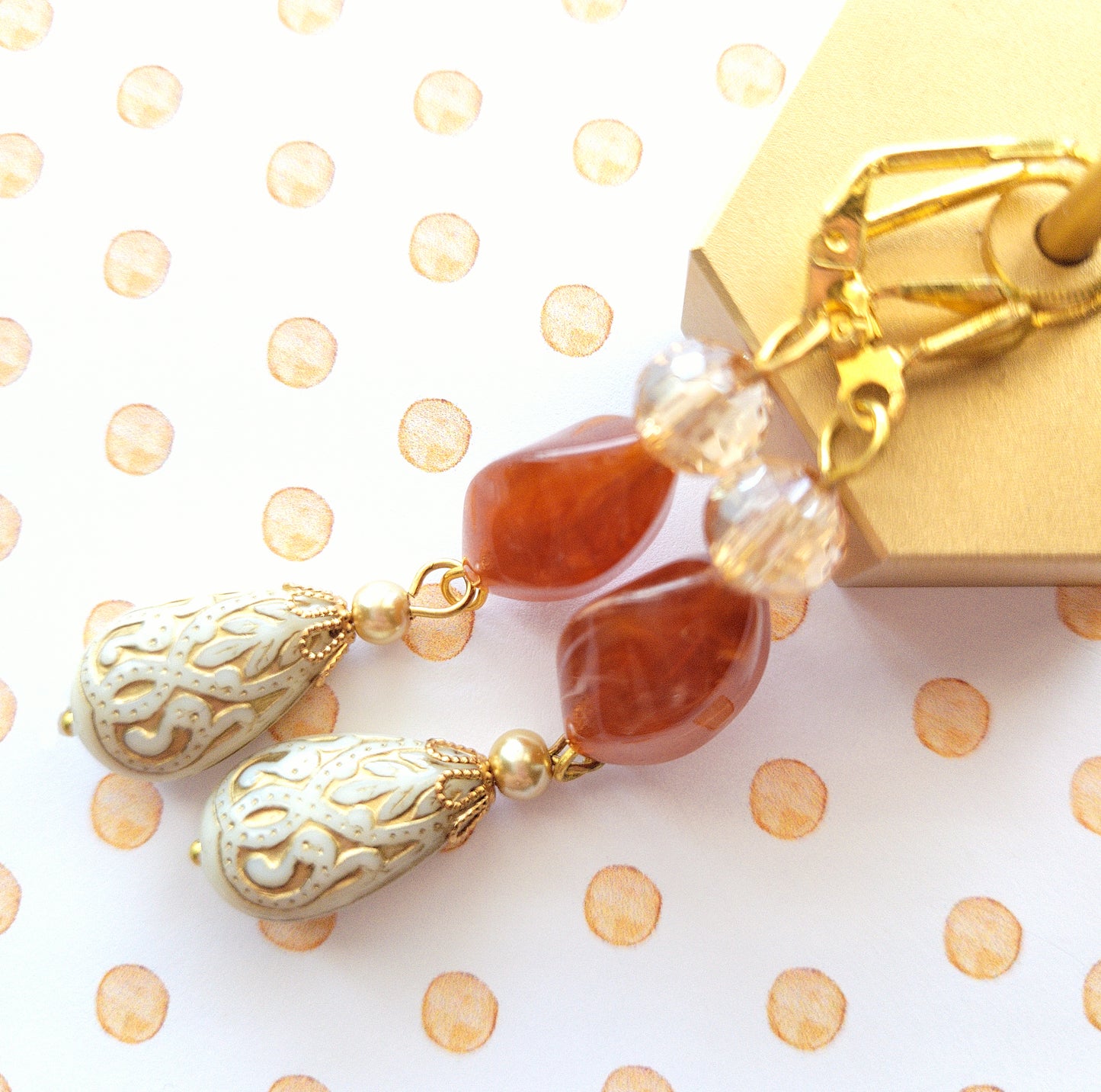 Gold Embossed Teardrop and Crystal Long Boho Dangle Earrings - Ivory and Rust Red - Chic Brico