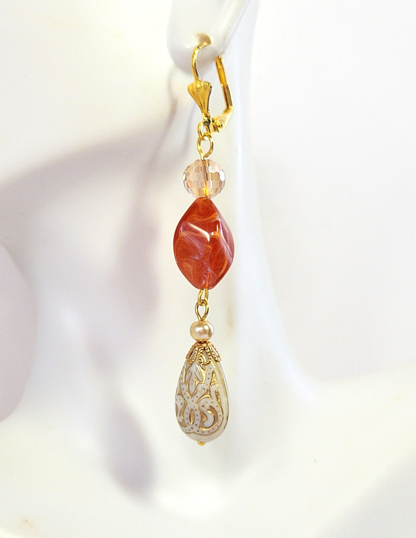 Gold Embossed Teardrop and Crystal Long Boho Dangle Earrings - Ivory and Rust Red - Chic Brico