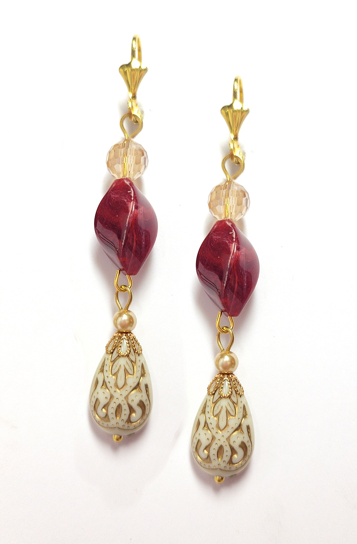 Gold Embossed Teardrop and Crystal Long Boho Dangle Earrings - Ivory and Siam Ruby Red - Chic Brico
