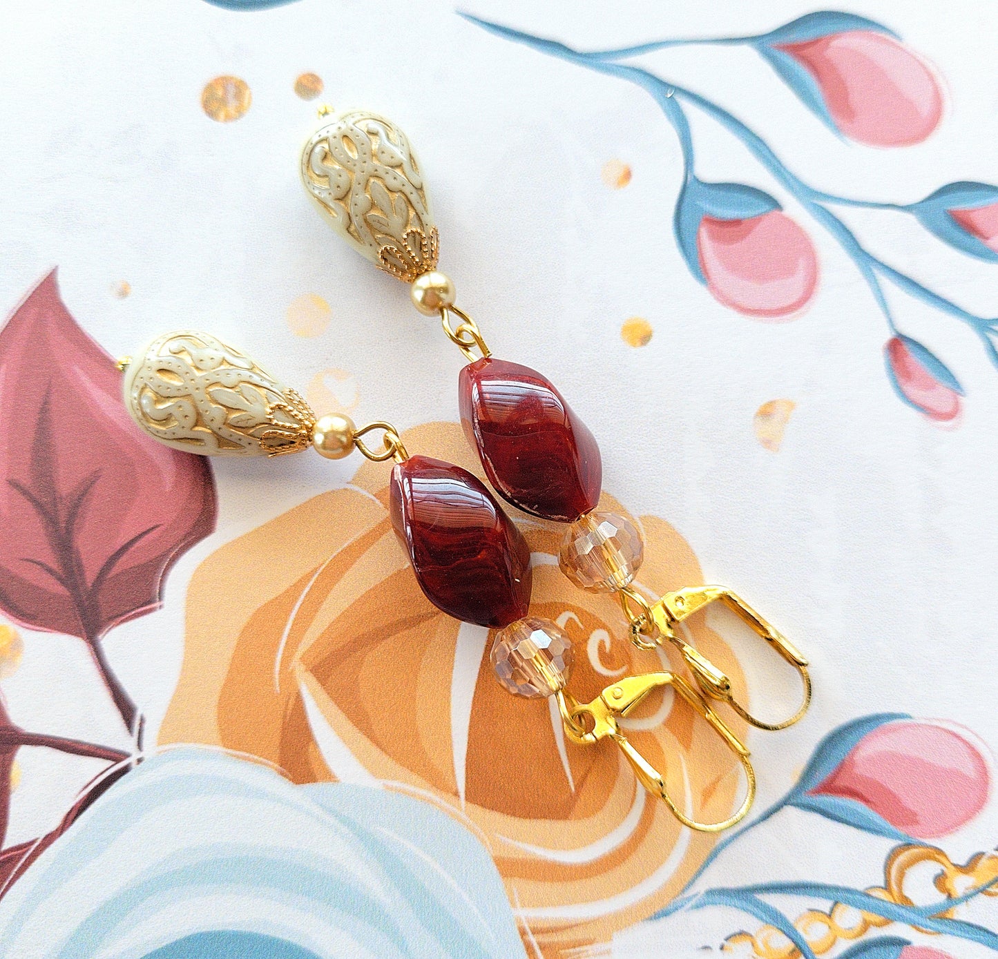 Gold Embossed Teardrop and Crystal Long Boho Dangle Earrings - Ivory and Siam Ruby Red - Chic Brico