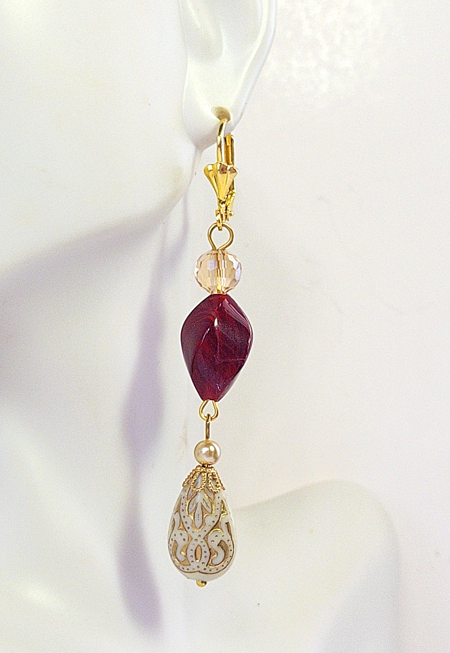 Gold Embossed Teardrop and Crystal Long Boho Dangle Earrings - Ivory and Siam Ruby Red - Chic Brico