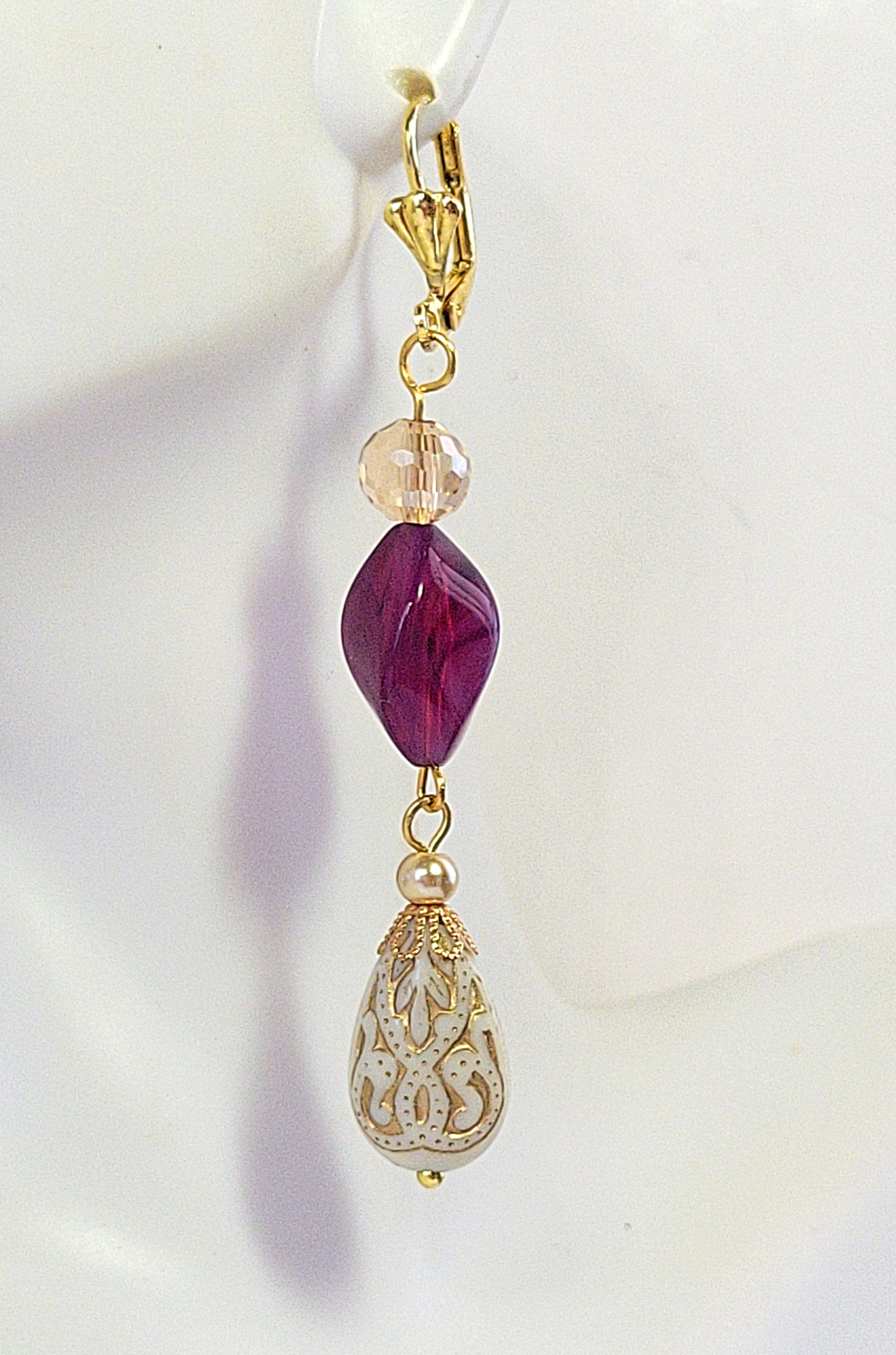 Gold Embossed Teardrop and Crystal Long Boho Dangle Earrings - Ivory and Violet Purple