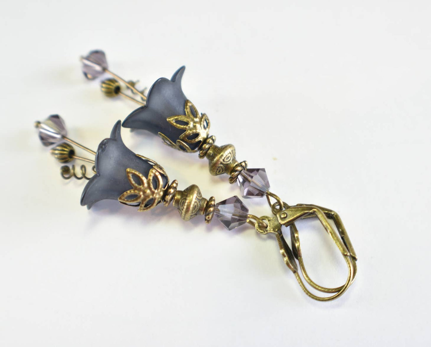 Vintage Victorian Style Dark Prussian Blue and Antique Bronze Bell Flower Lucite Earrings - Chic Brico