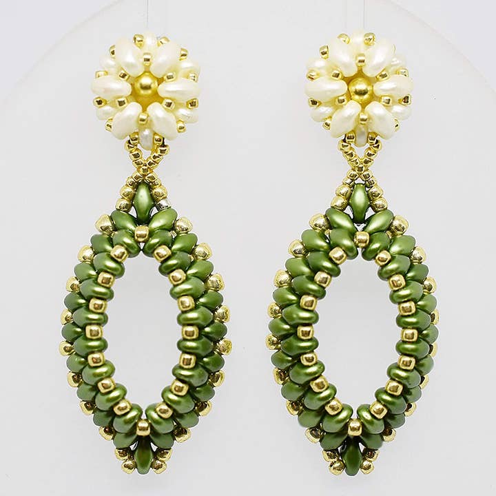 Olive Green, Ivory and Gold Two-Layer Oval Hoop Drop Earrings - Chic Brico