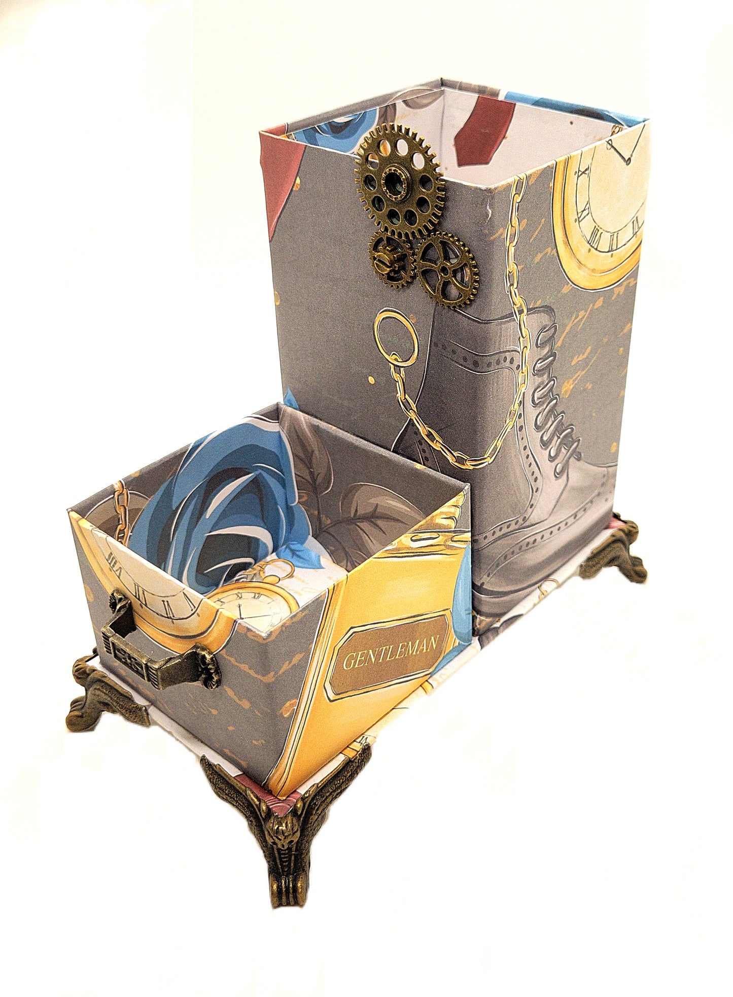 Office Desktop Organizer for Him for Pens and Clips w/Metal Gears Accent - Gentleman Rules in Gray - Chic Brico