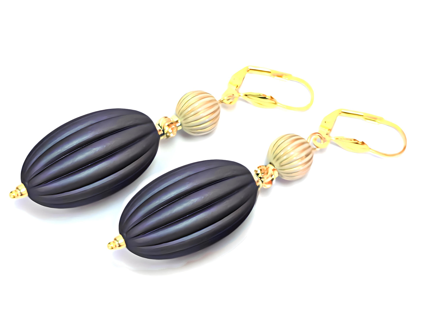 Dark Gray, Ivory and Gold Puffed Oval Dangle Silicone Statement Earrings - Chic Brico