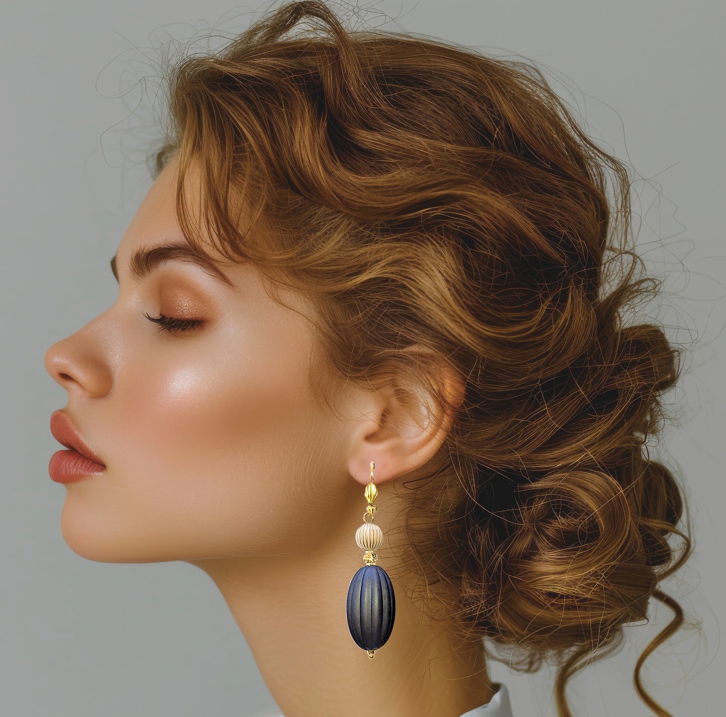 Dark Gray, Ivory and Gold Puffed Oval Dangle Silicone Statement Earrings - Chic Brico