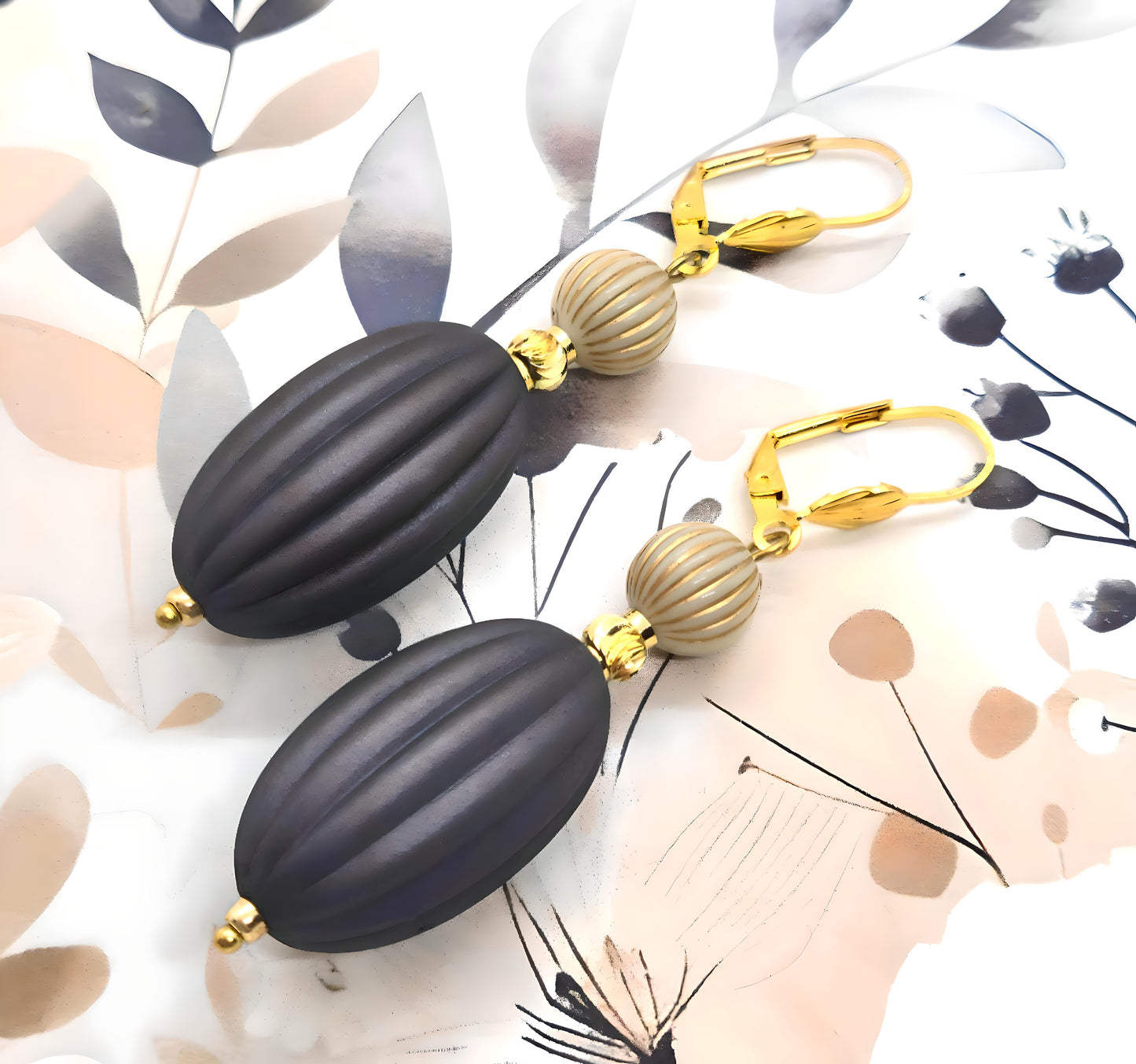Dark Gray, Ivory and Gold Puffed Oval Dangle Silicone Statement Earrings - Chic Brico