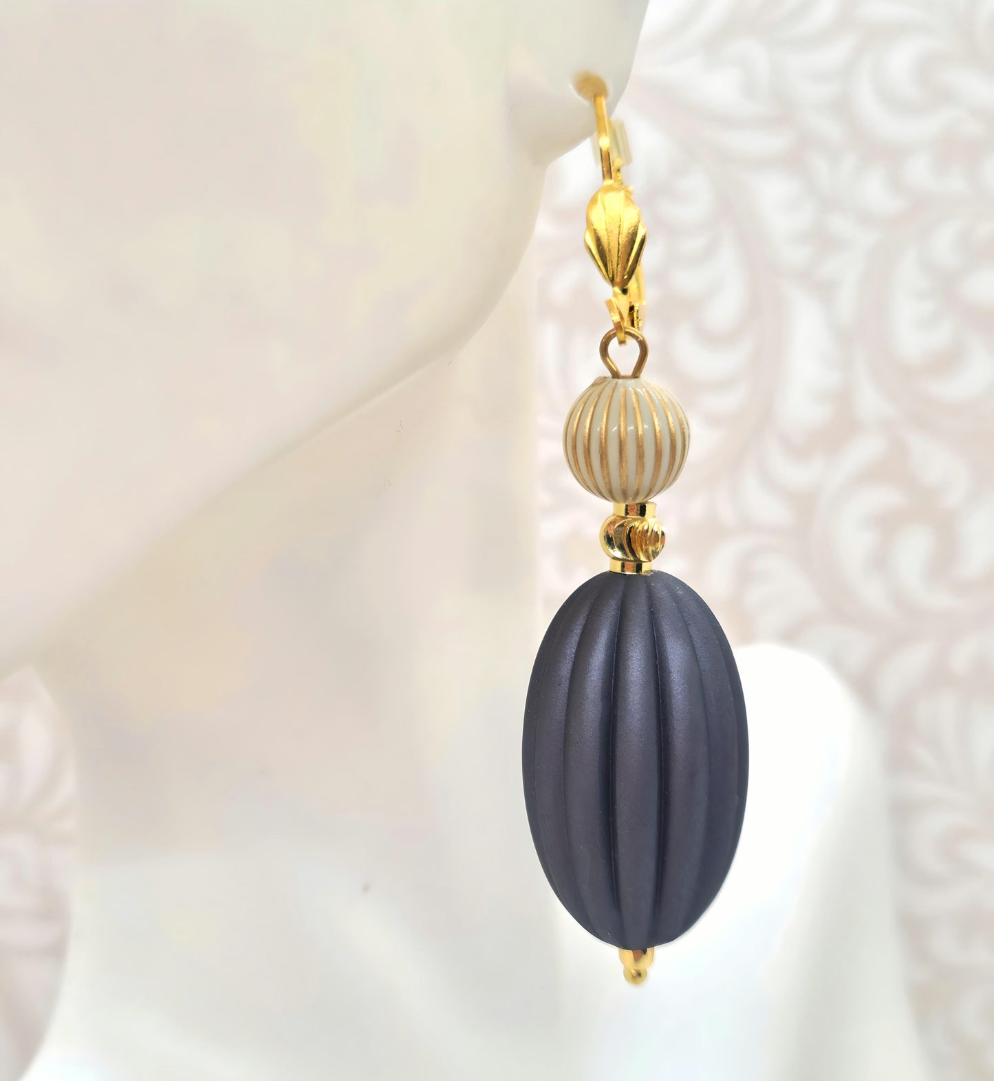Dark Gray, Ivory and Gold Puffed Oval Dangle Silicone Statement Earrings - Chic Brico