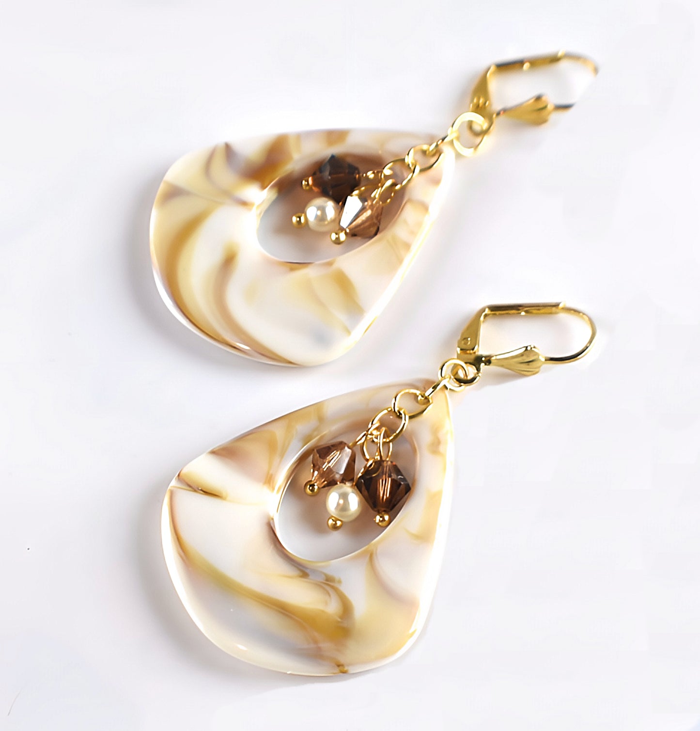 Ivory Shell Swirl Austrian Crystal and Pearl Triangle Teardrop Dangle Earrings - Chic Brico