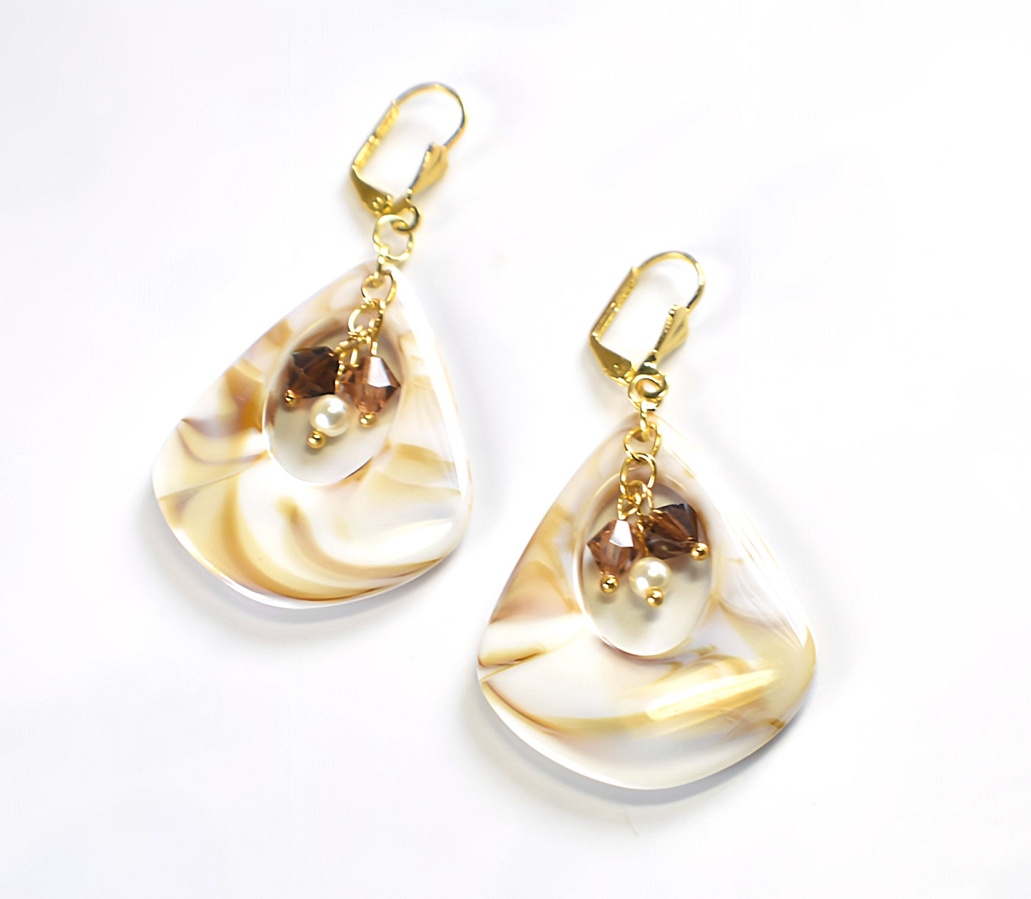 Ivory Shell Swirl Austrian Crystal and Pearl Triangle Teardrop Dangle Earrings - Chic Brico